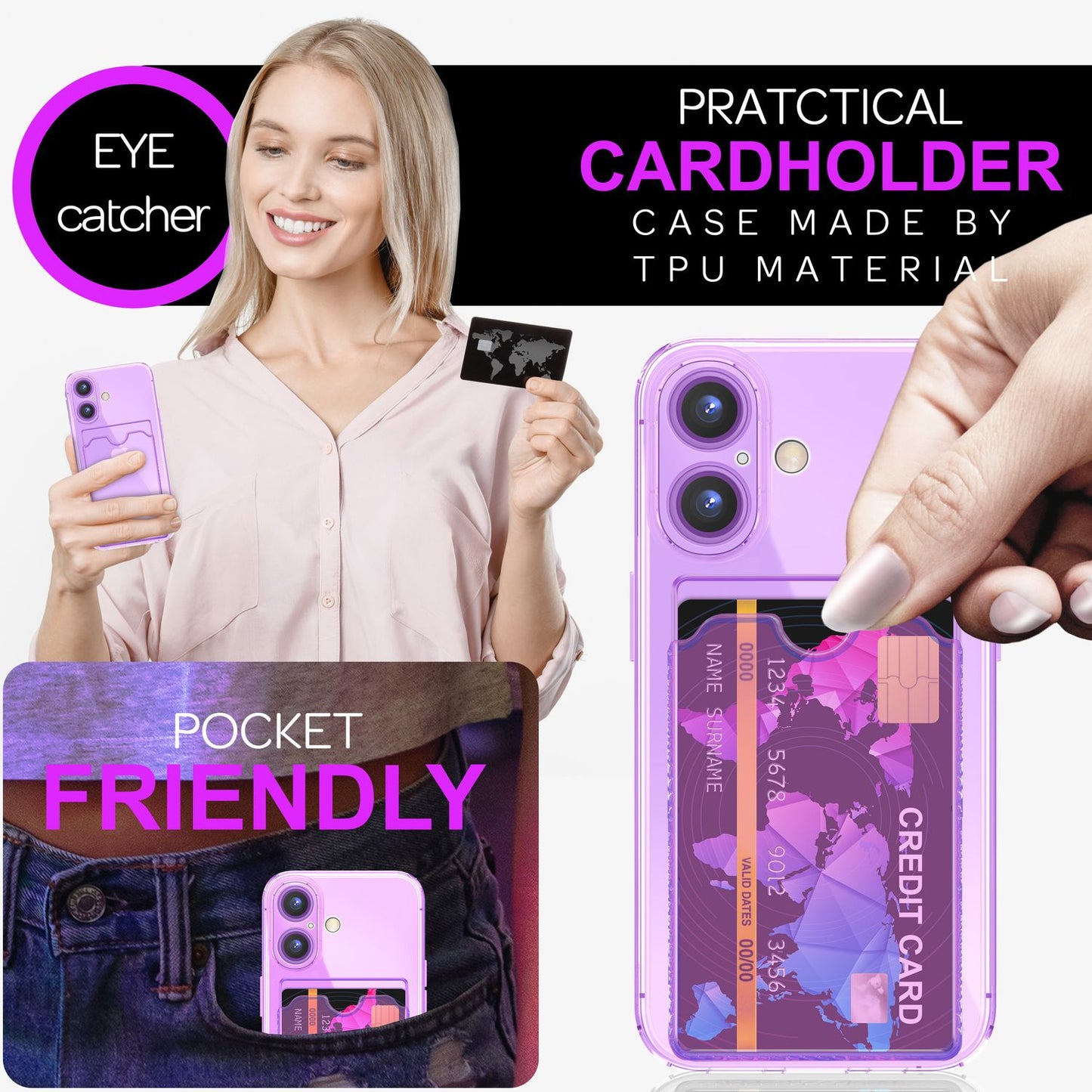 NALIA Klare Neon Hülle mit Kartenhalter für iPhone 16, Bunte Handyhülle mit Kartenfach, Durchsichtiges Silikon