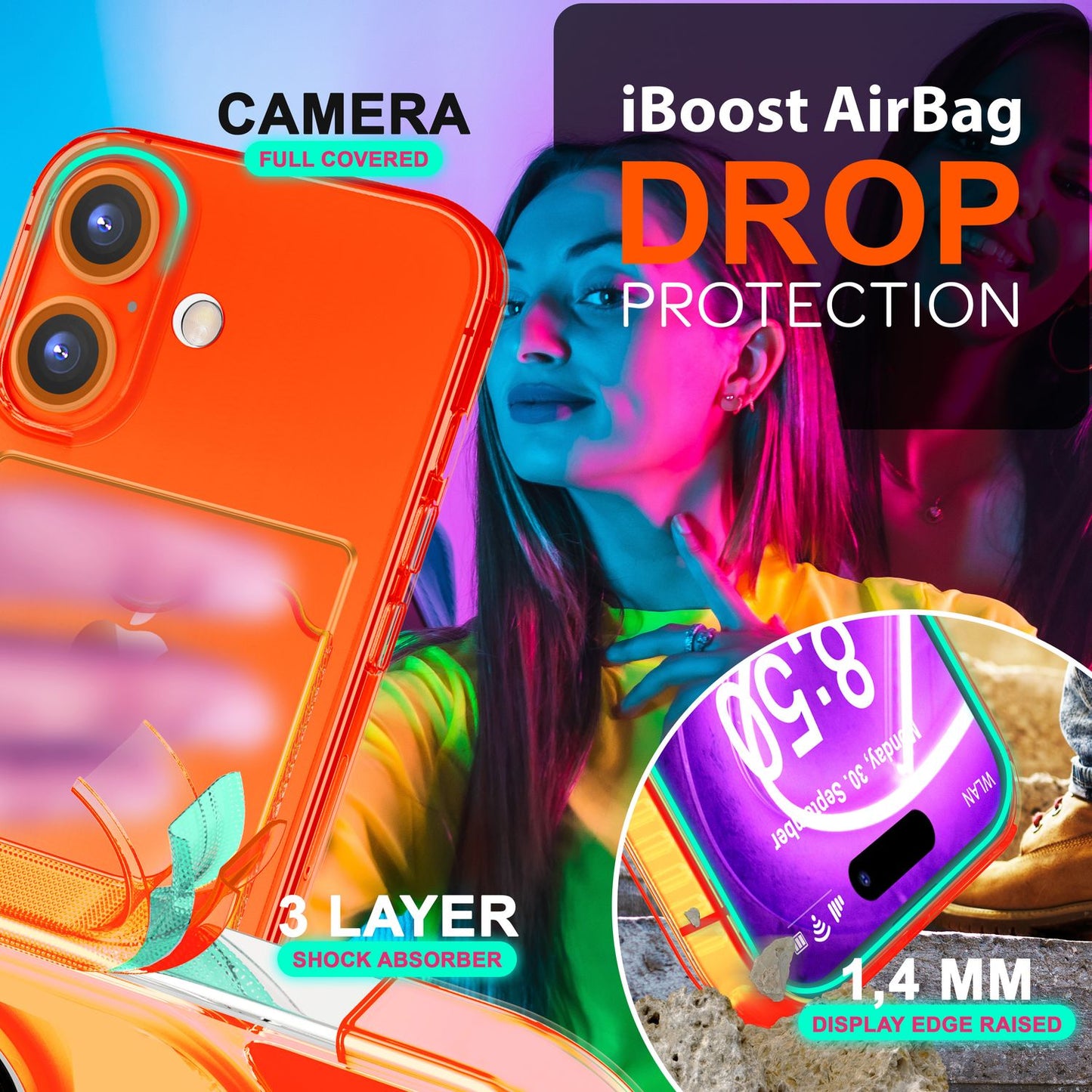 NALIA Klare Neon Hülle mit Kartenhalter für iPhone 16, Bunte Handyhülle mit Kartenfach, Durchsichtiges Silikon