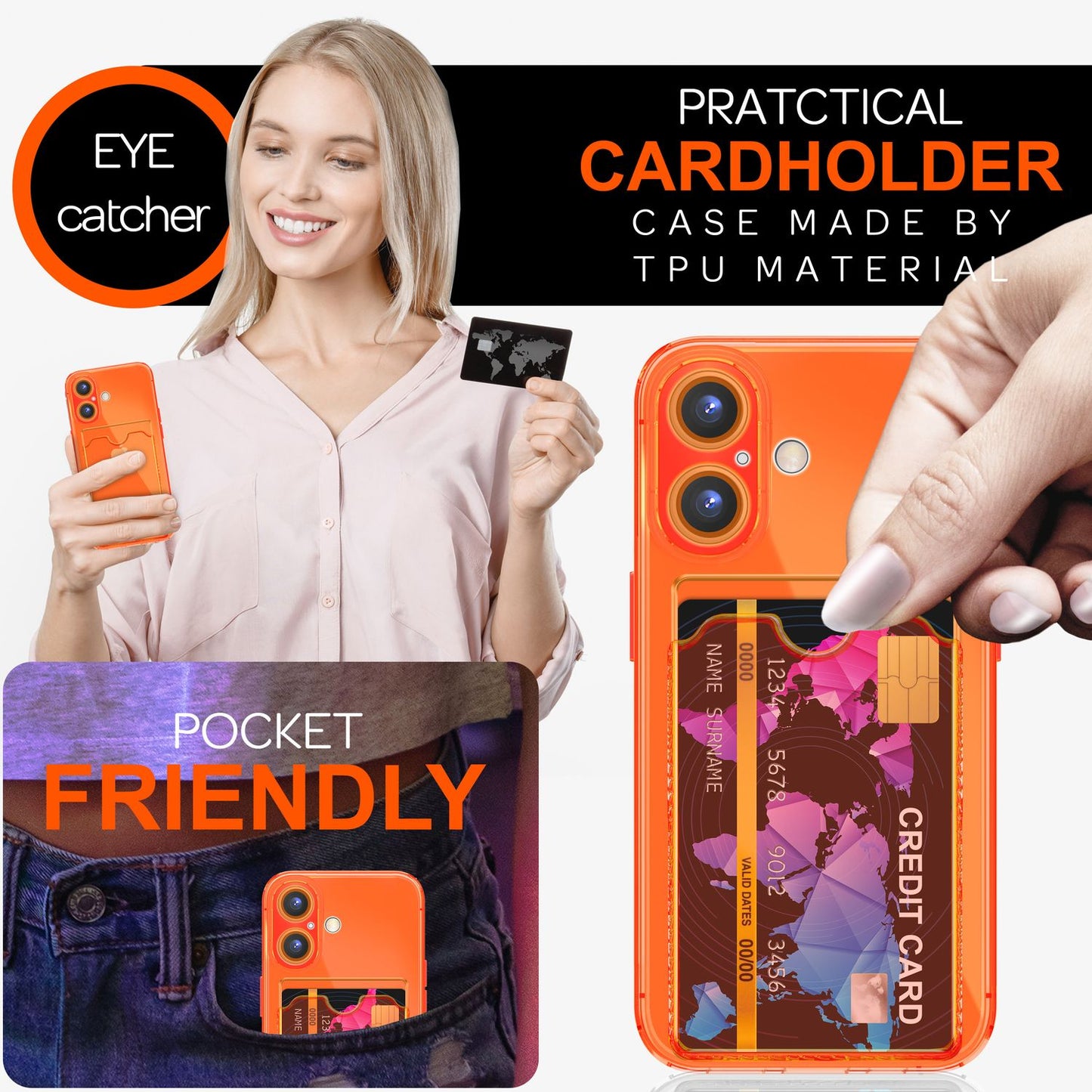 NALIA Klare Neon Hülle mit Kartenhalter für iPhone 16, Bunte Handyhülle mit Kartenfach, Durchsichtiges Silikon