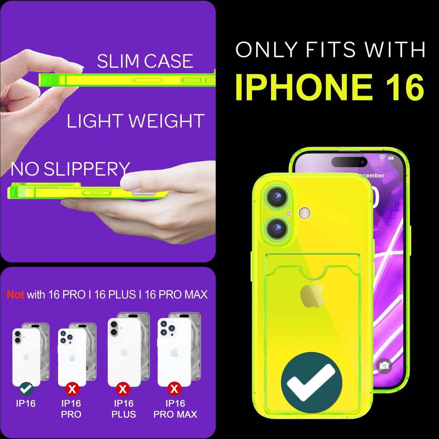 NALIA Klare Neon Hülle mit Kartenhalter für iPhone 16, Bunte Handyhülle mit Kartenfach, Durchsichtiges Silikon