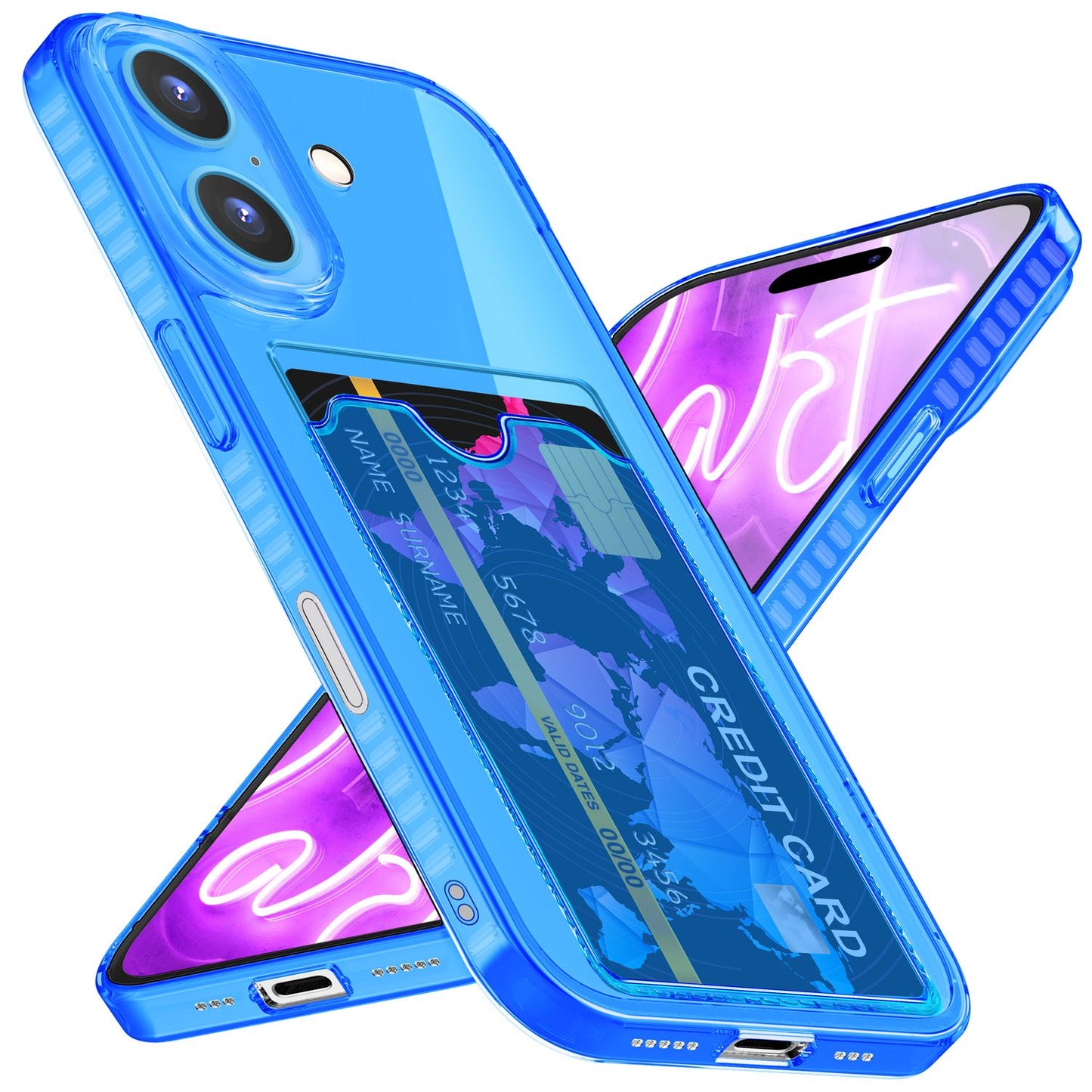 NALIA Clear Neon Case with Card Holder for iPhone 16 Plus, Colorful Phone Case with Card Slot, Transparent Silicone