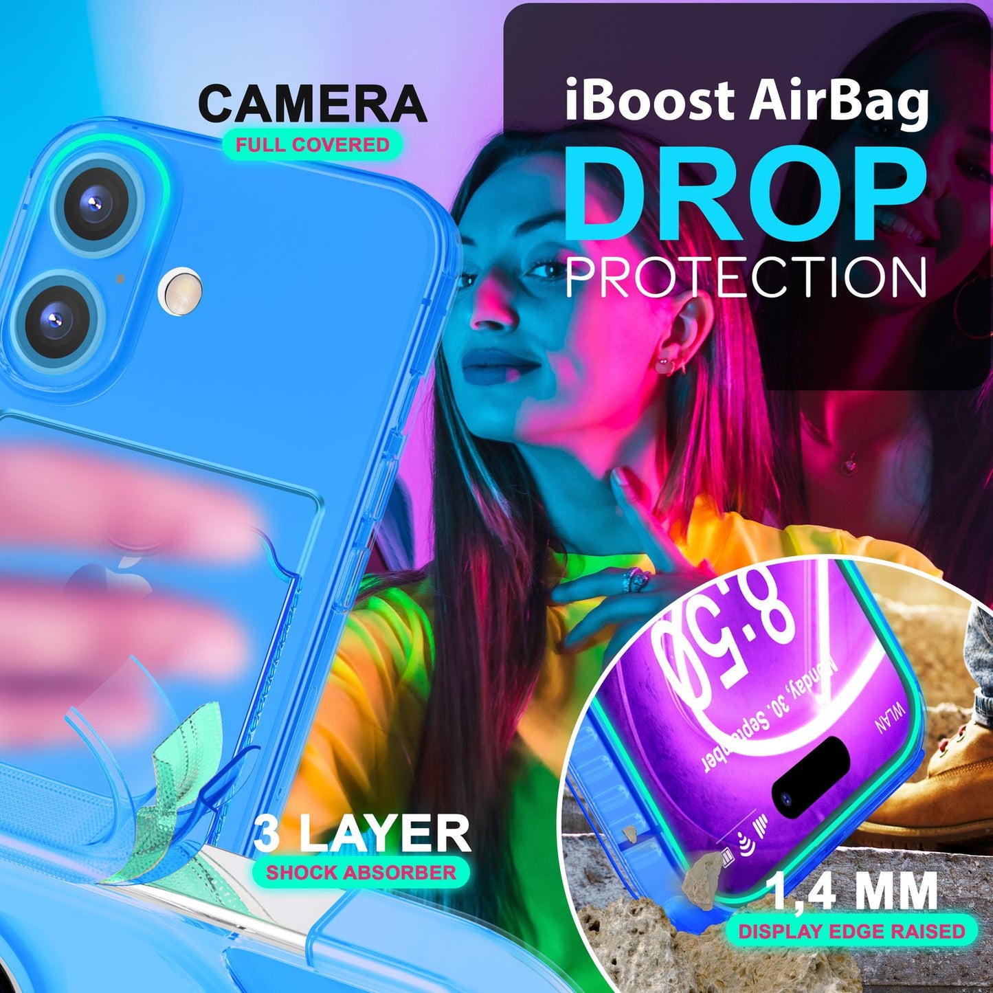 NALIA Clear Neon Case with Card Holder for iPhone 16 Plus, Colorful Phone Case with Card Slot, Transparent Silicone