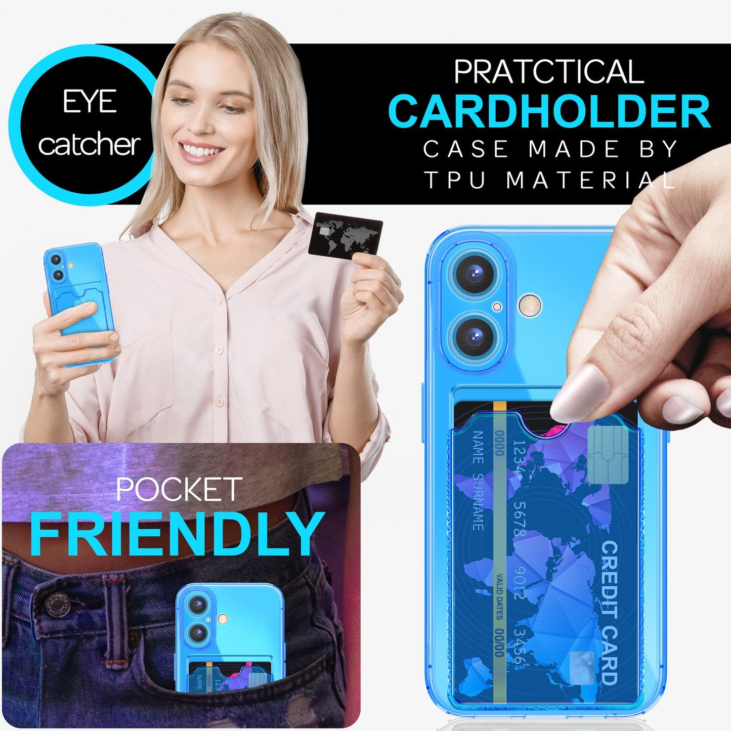 NALIA Clear Neon Case with Card Holder for iPhone 16 Plus, Colorful Phone Case with Card Slot, Transparent Silicone