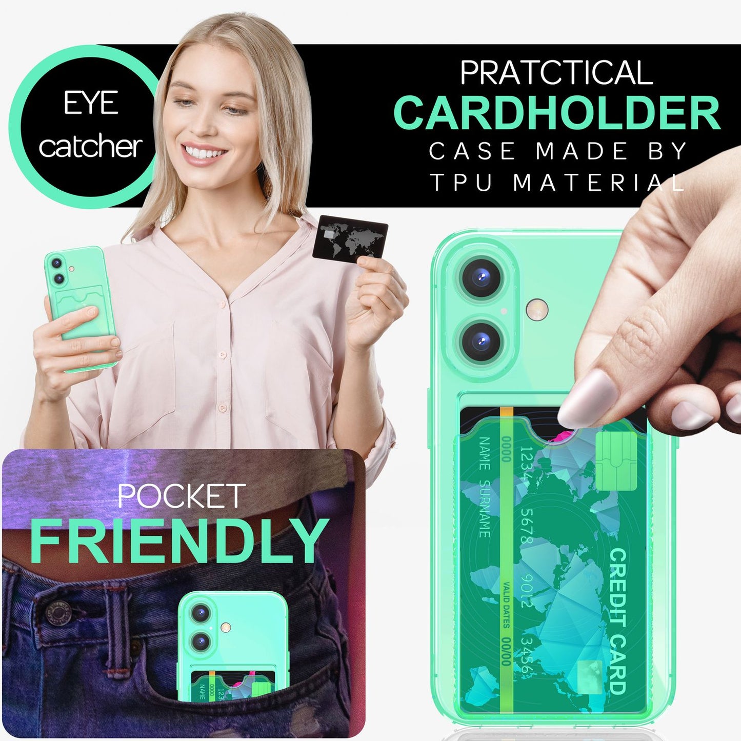 NALIA Clear Neon Case with Card Holder for iPhone 16 Plus, Colorful Phone Case with Card Slot, Transparent Silicone