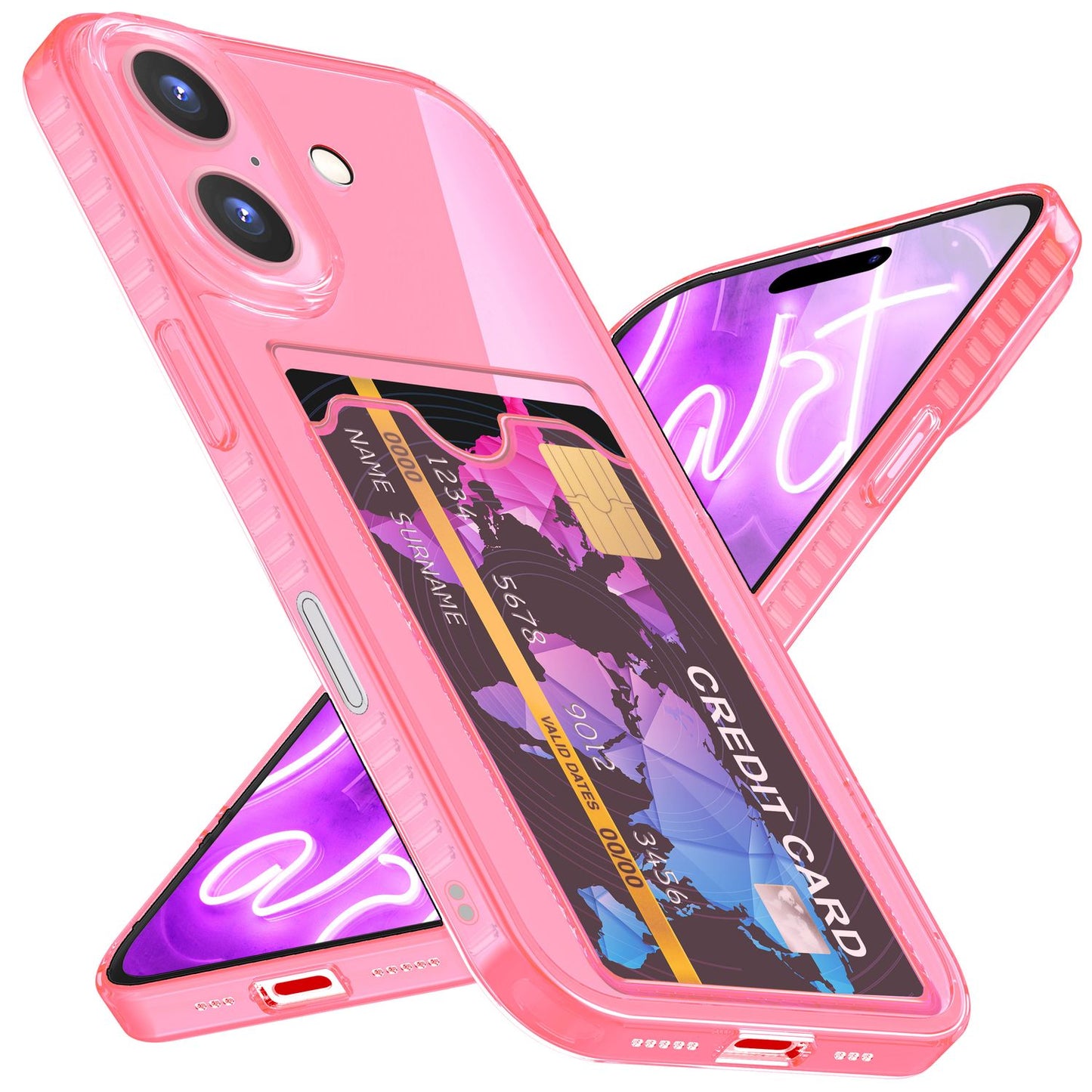 NALIA Clear Neon Case with Card Holder for iPhone 16 Plus, Colorful Phone Case with Card Slot, Transparent Silicone