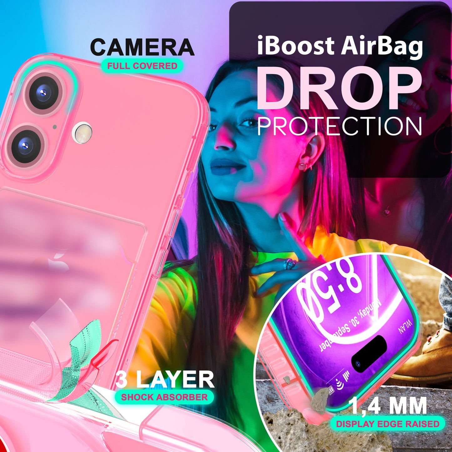 NALIA Clear Neon Case with Card Holder for iPhone 16 Plus, Colorful Phone Case with Card Slot, Transparent Silicone