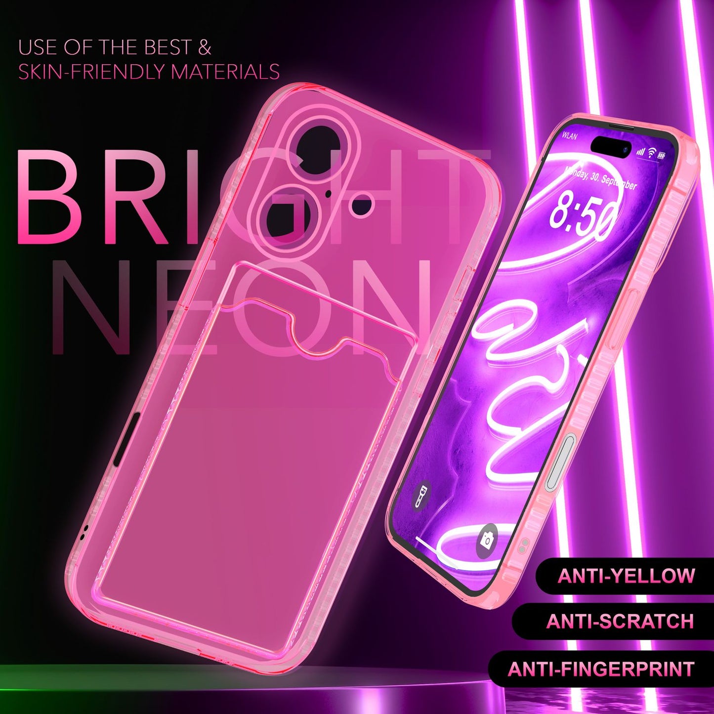 NALIA Clear Neon Case with Card Holder for iPhone 16 Plus, Colorful Phone Case with Card Slot, Transparent Silicone