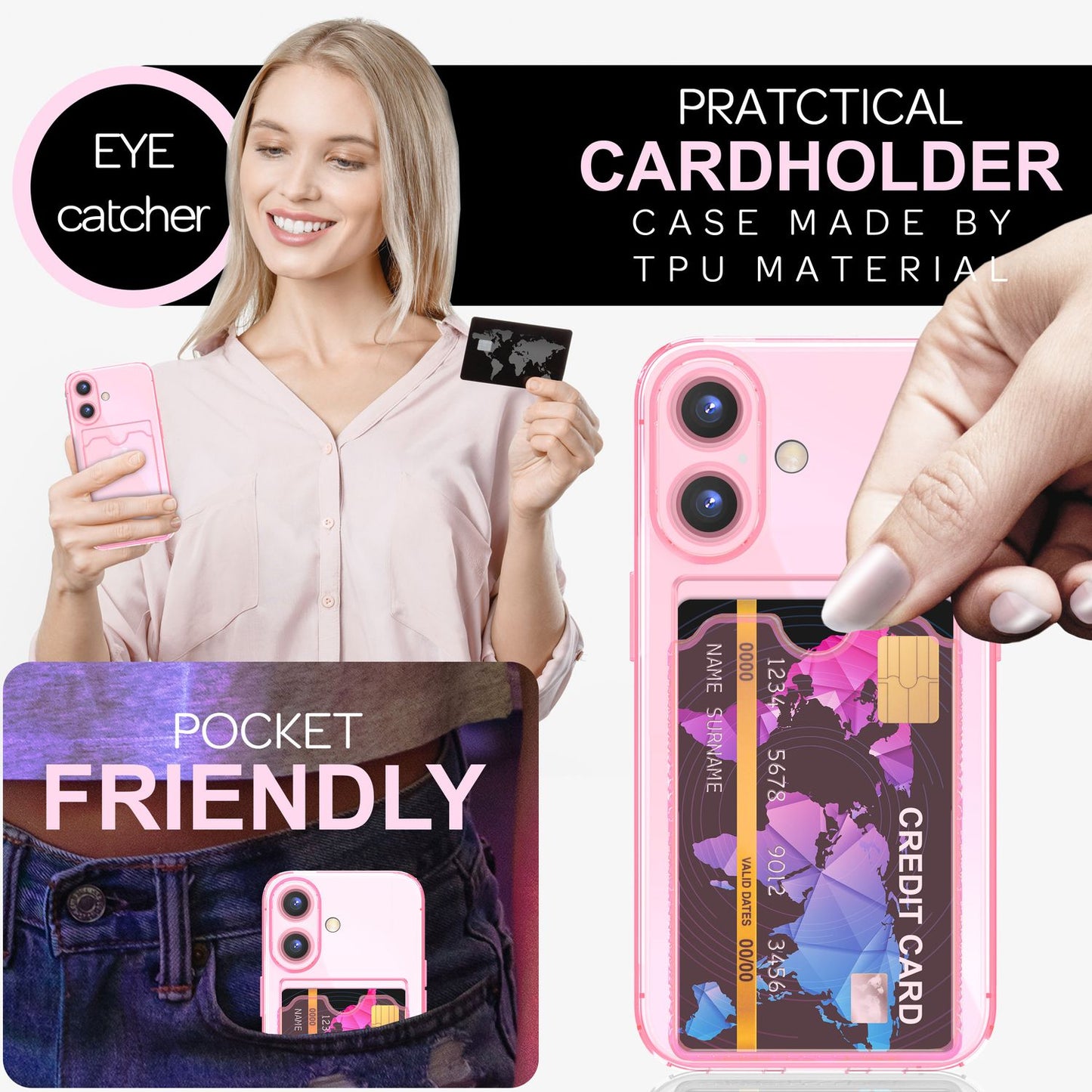 NALIA Clear Neon Case with Card Holder for iPhone 16 Plus, Colorful Phone Case with Card Slot, Transparent Silicone