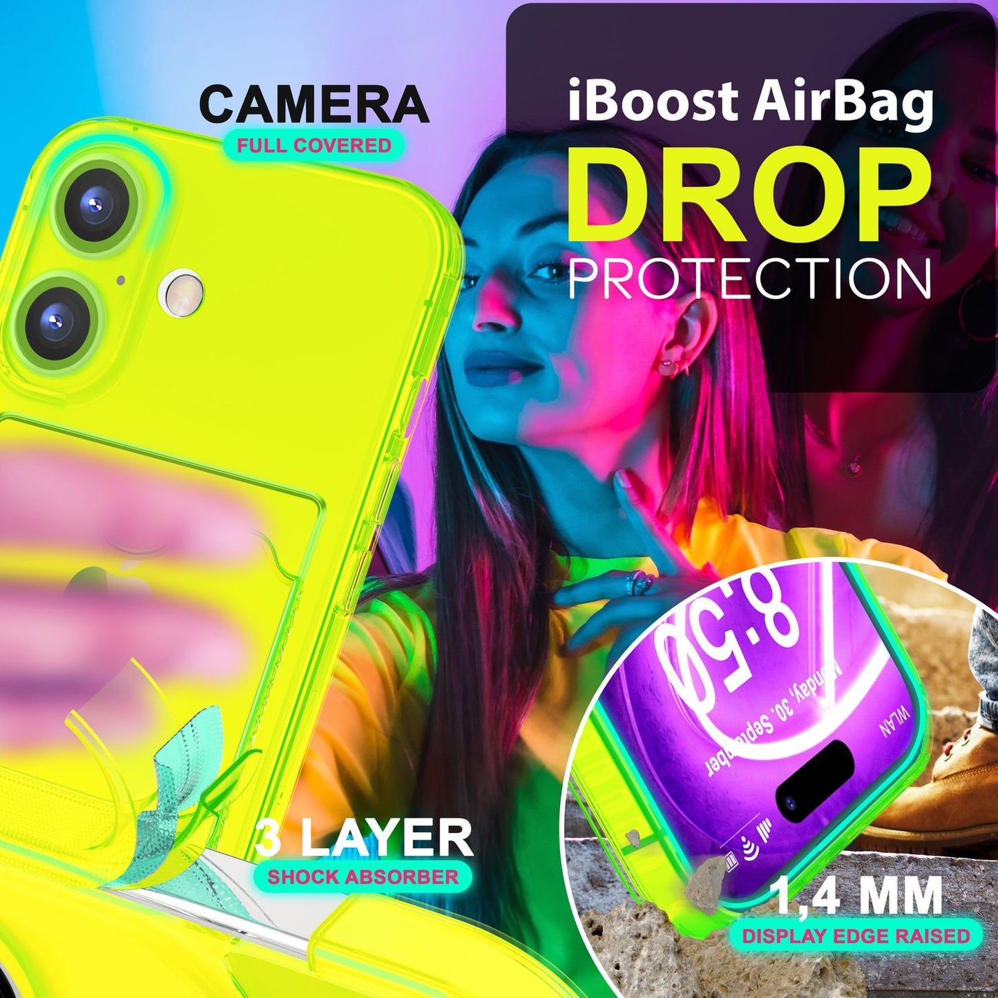 NALIA Clear Neon Case with Card Holder for iPhone 16 Plus, Colorful Phone Case with Card Slot, Transparent Silicone