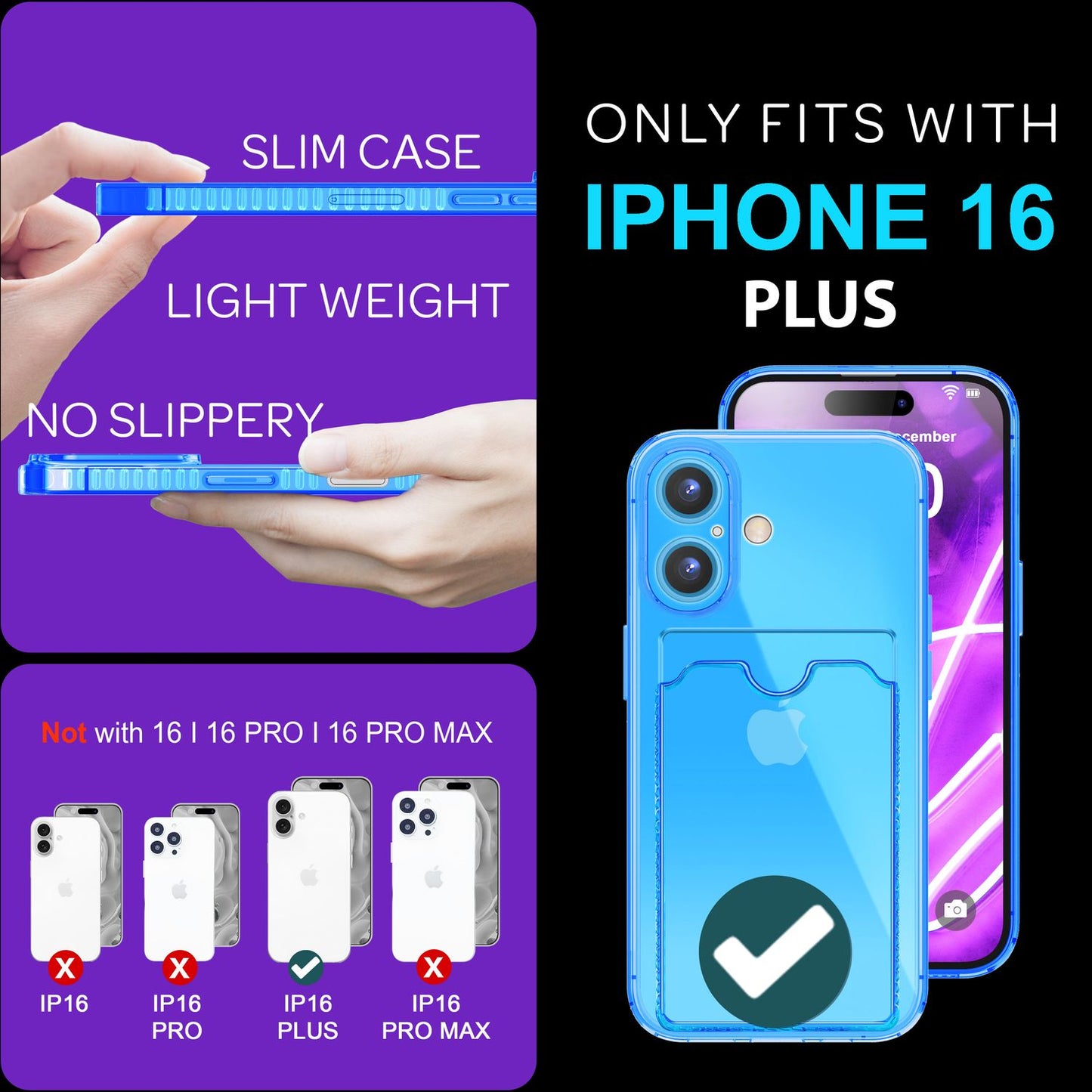 NALIA Clear Neon Case with Card Holder for iPhone 16 Plus, Colorful Phone Case with Card Slot, Transparent Silicone