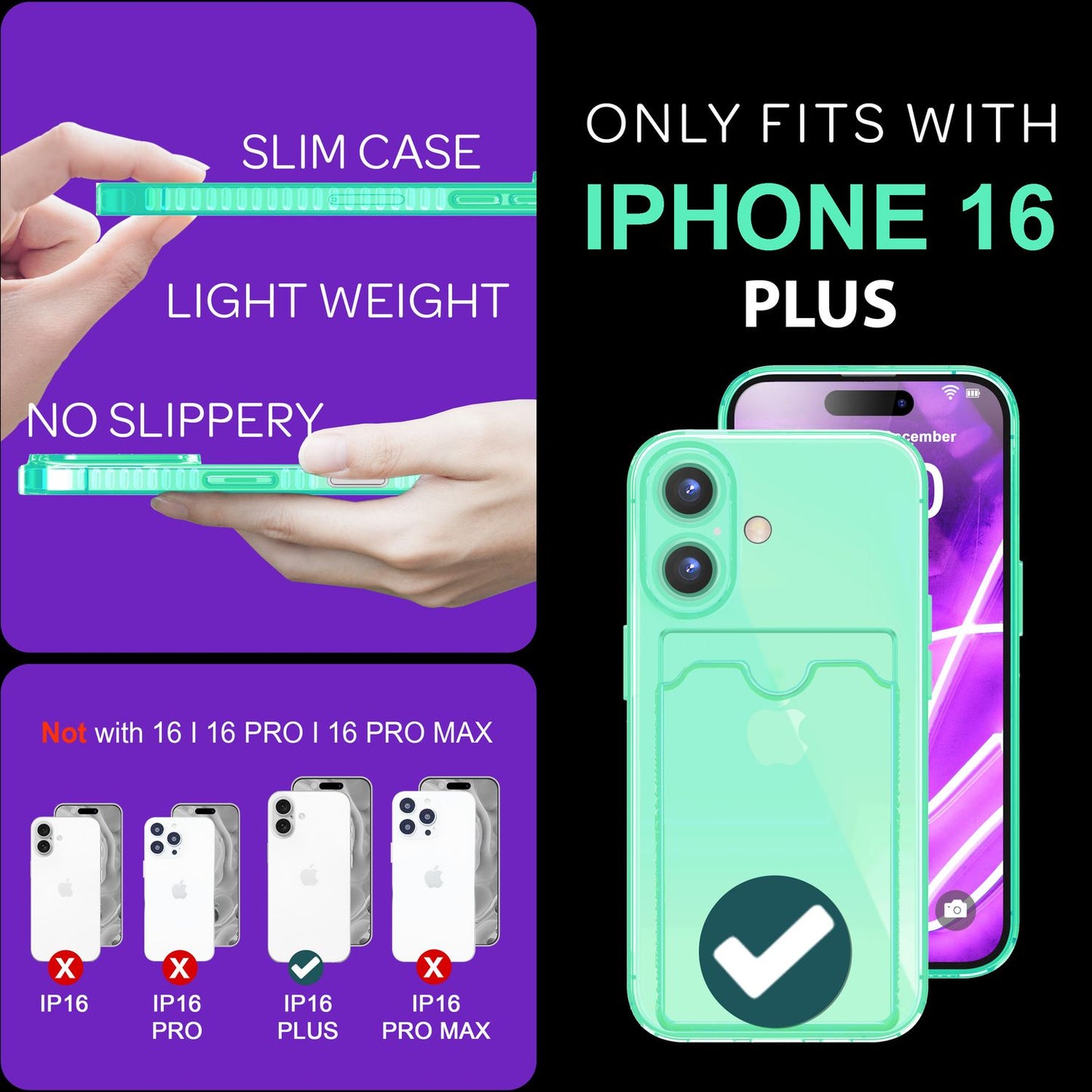 NALIA Clear Neon Case with Card Holder for iPhone 16 Plus, Colorful Phone Case with Card Slot, Transparent Silicone