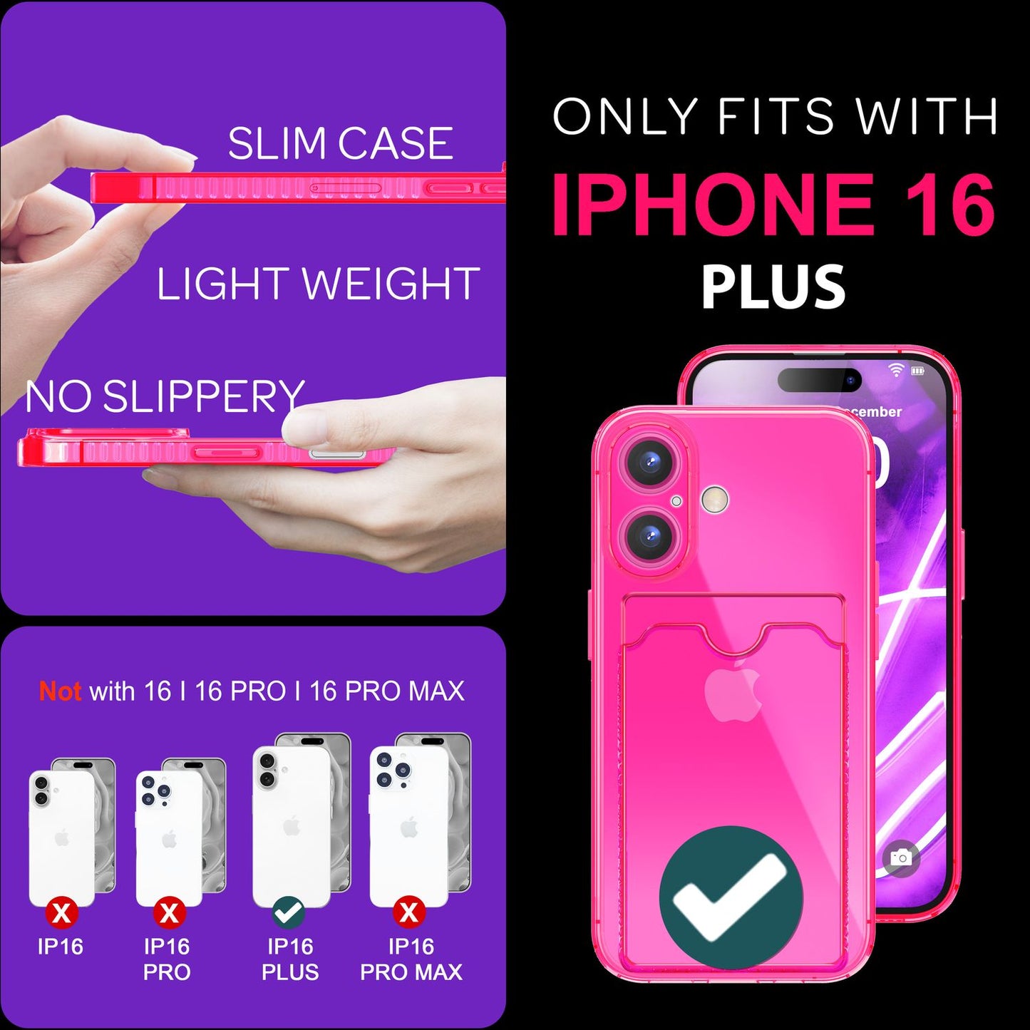 NALIA Clear Neon Case with Card Holder for iPhone 16 Plus, Colorful Phone Case with Card Slot, Transparent Silicone