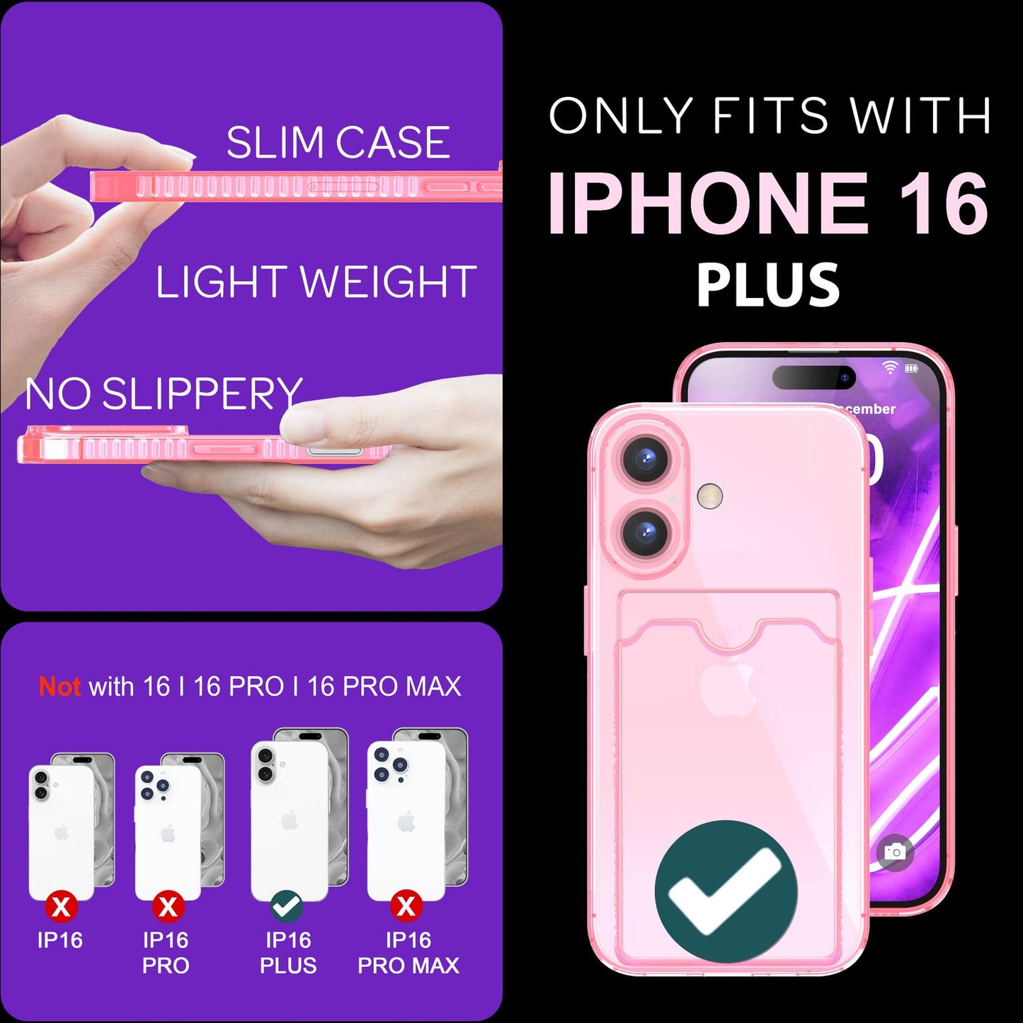 NALIA Clear Neon Case with Card Holder for iPhone 16 Plus, Colorful Phone Case with Card Slot, Transparent Silicone