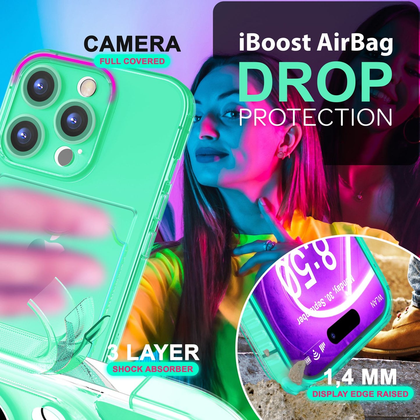 NALIA Glært Neon hulstur með kortahólfi fyrir iPhone 16 Pro, litríkt símahulstur með kortarauf, gegnsætt sílikon