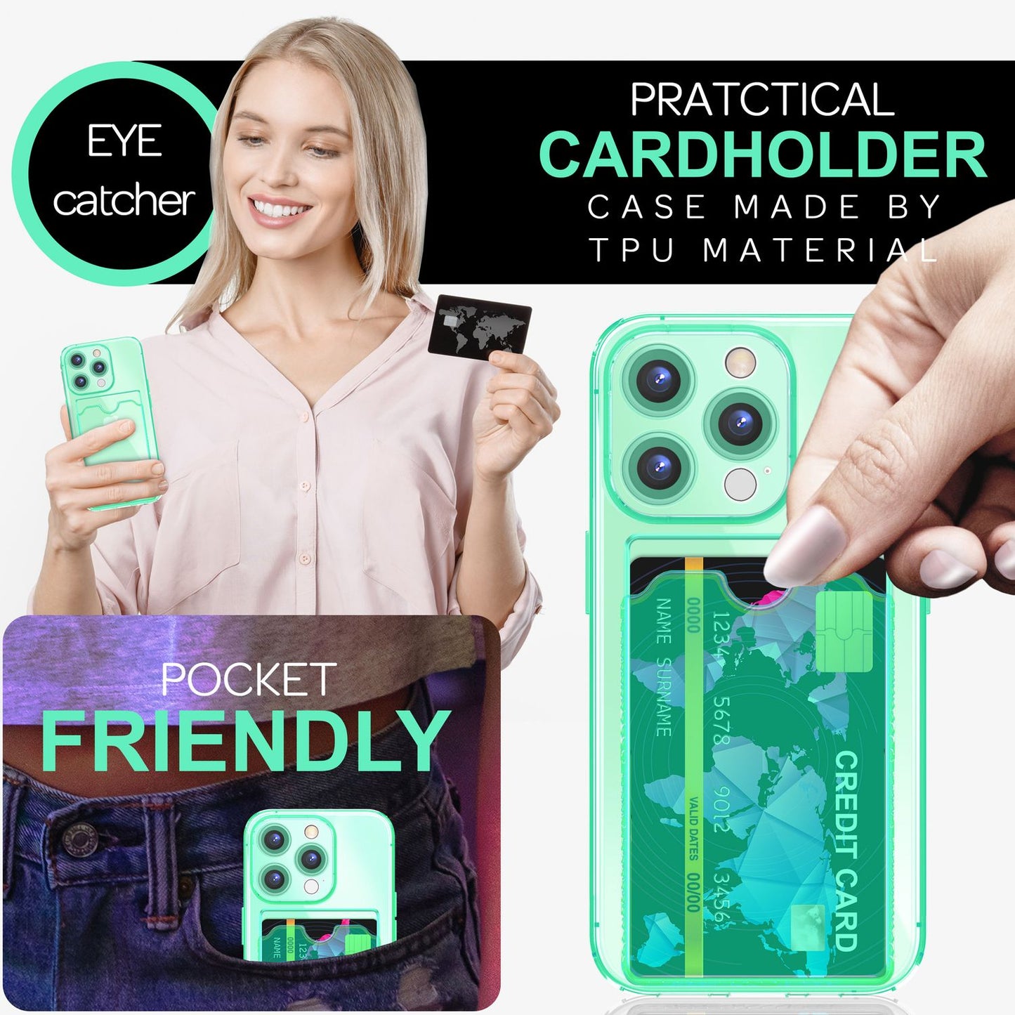 NALIA Glært Neon hulstur með kortahólfi fyrir iPhone 16 Pro, litríkt símahulstur með kortarauf, gegnsætt sílikon