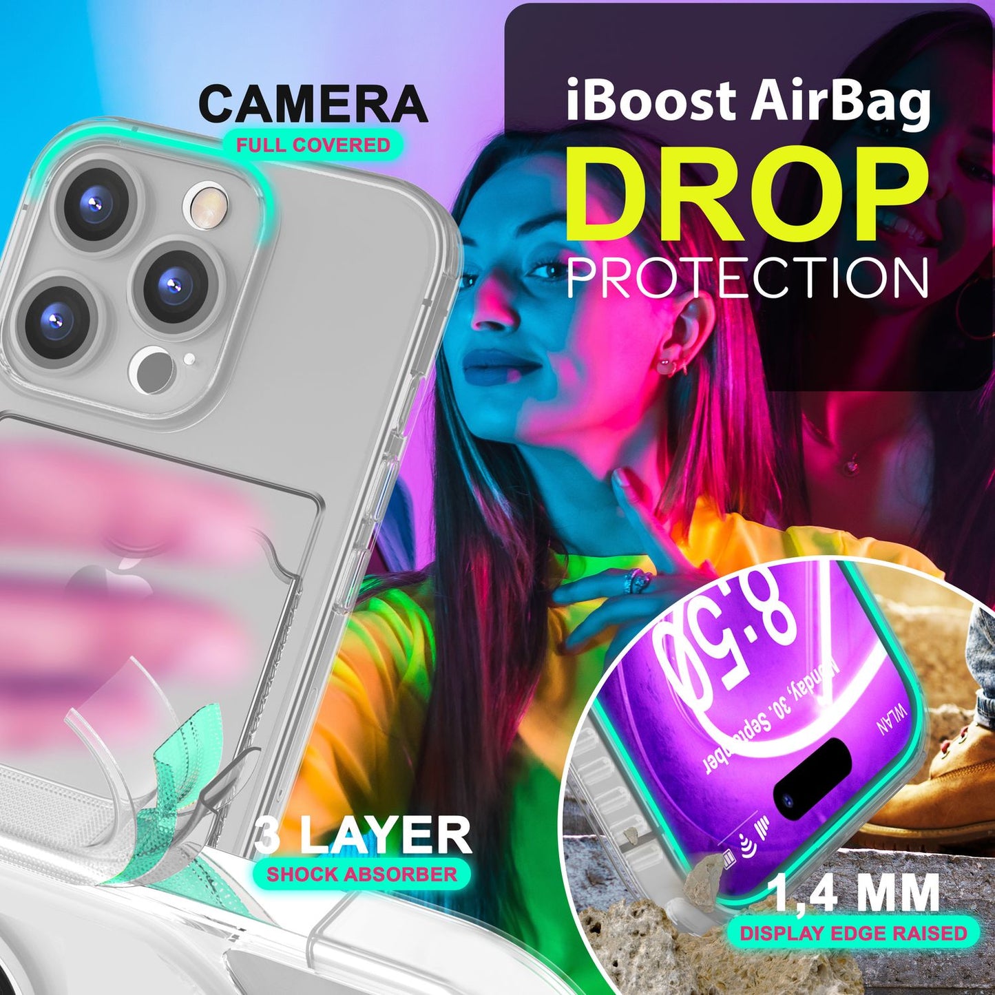 NALIA Glært Neon hulstur með kortahólfi fyrir iPhone 16 Pro, litríkt símahulstur með kortarauf, gegnsætt sílikon