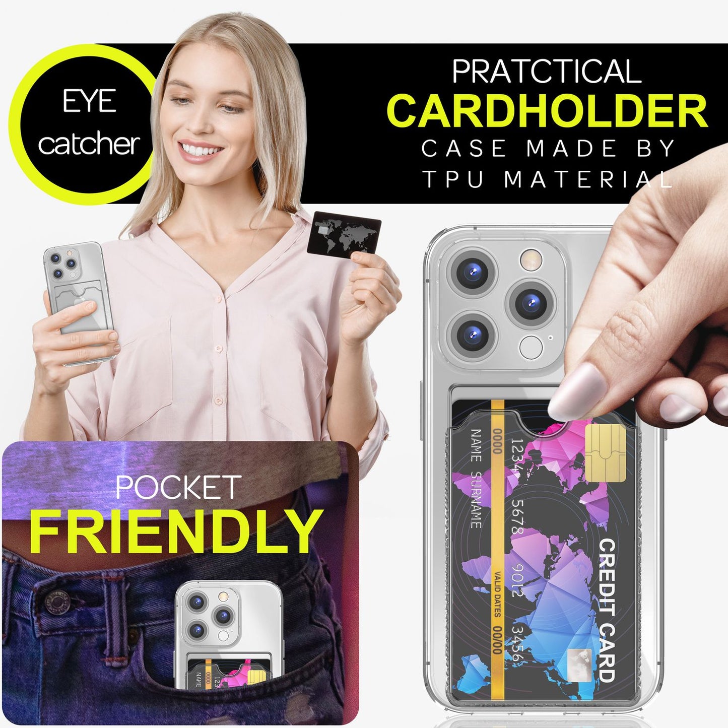 NALIA Glært Neon hulstur með kortahólfi fyrir iPhone 16 Pro, litríkt símahulstur með kortarauf, gegnsætt sílikon