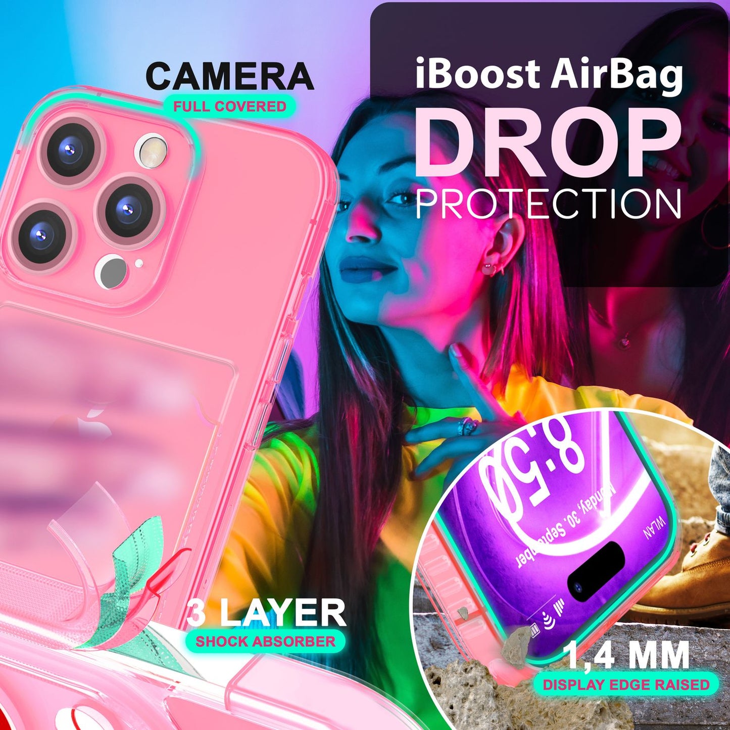 NALIA Glært Neon hulstur með kortahólfi fyrir iPhone 16 Pro, litríkt símahulstur með kortarauf, gegnsætt sílikon