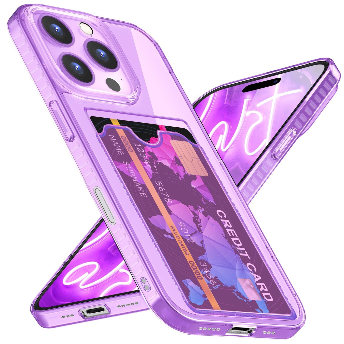 NALIA Glært Neon hulstur með kortahólfi fyrir iPhone 16 Pro, litríkt símahulstur með kortarauf, gegnsætt sílikon