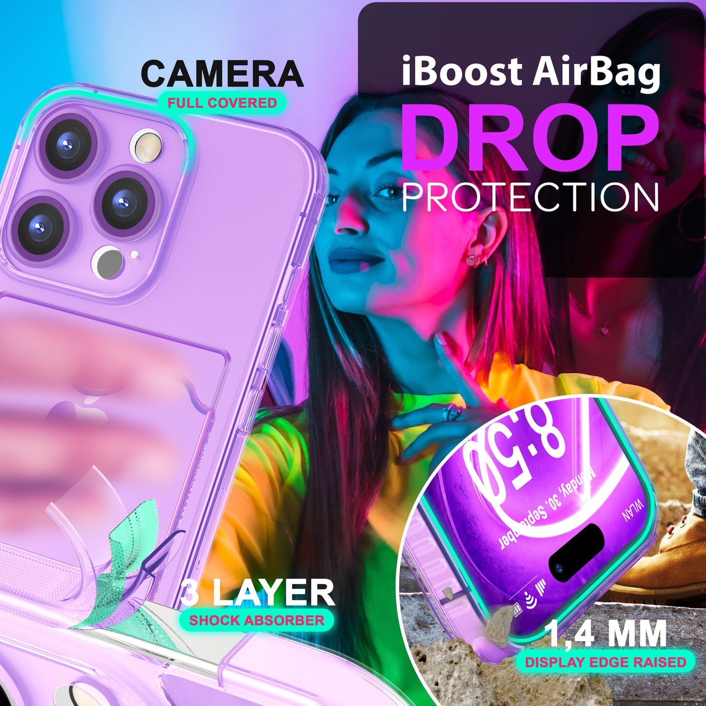 NALIA Glært Neon hulstur með kortahólfi fyrir iPhone 16 Pro, litríkt símahulstur með kortarauf, gegnsætt sílikon