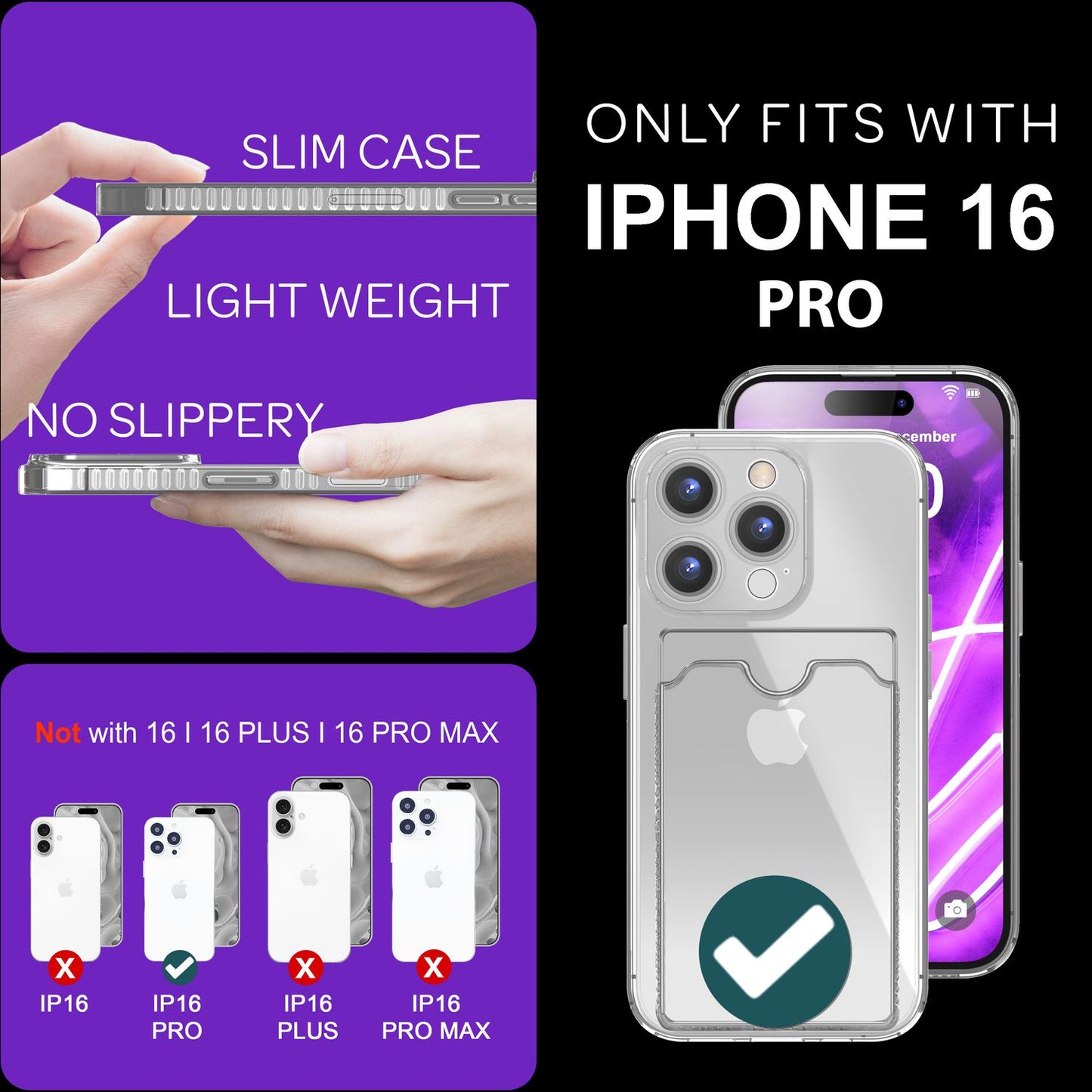 NALIA Glært Neon hulstur með kortahólfi fyrir iPhone 16 Pro, litríkt símahulstur með kortarauf, gegnsætt sílikon