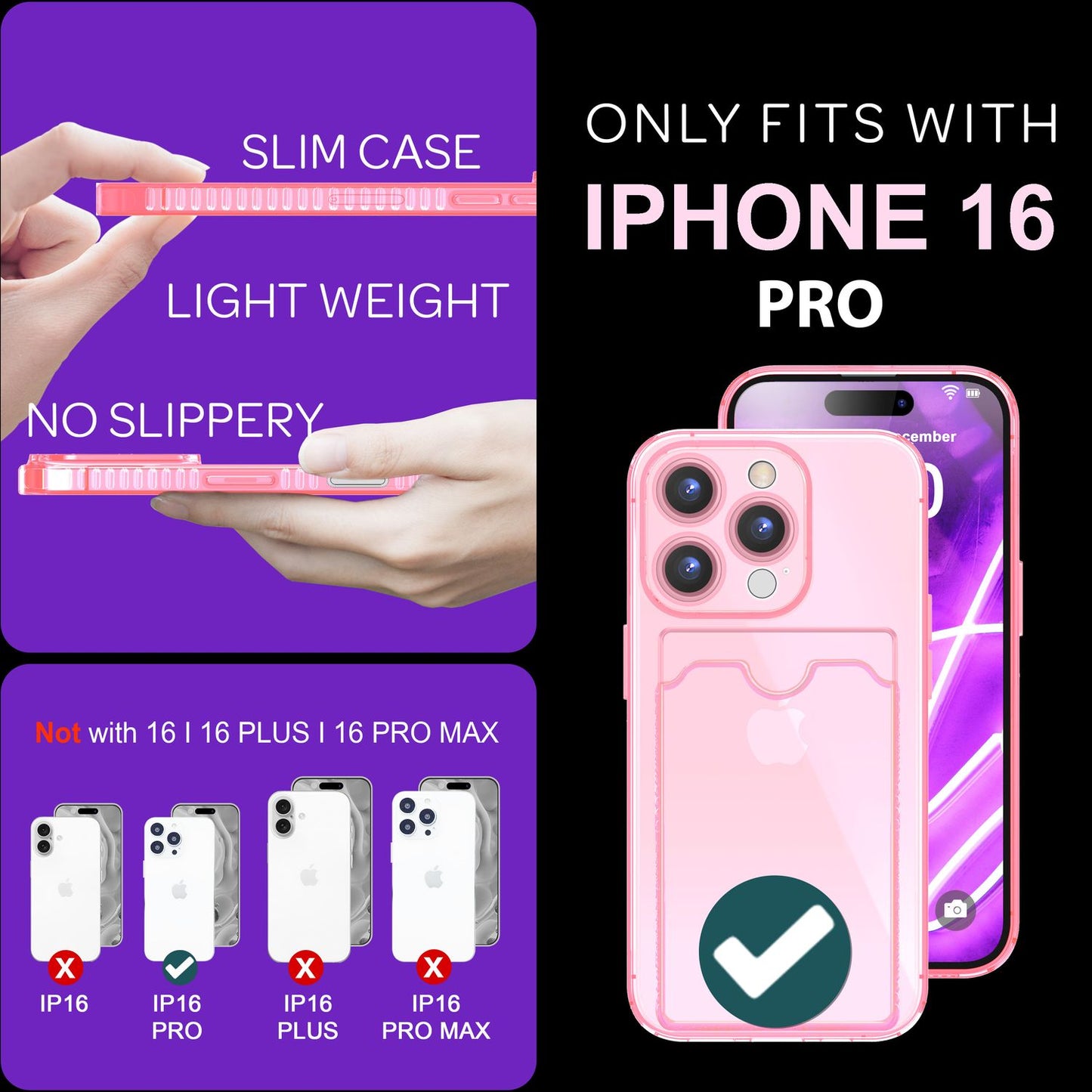 NALIA Glært Neon hulstur með kortahólfi fyrir iPhone 16 Pro, litríkt símahulstur með kortarauf, gegnsætt sílikon