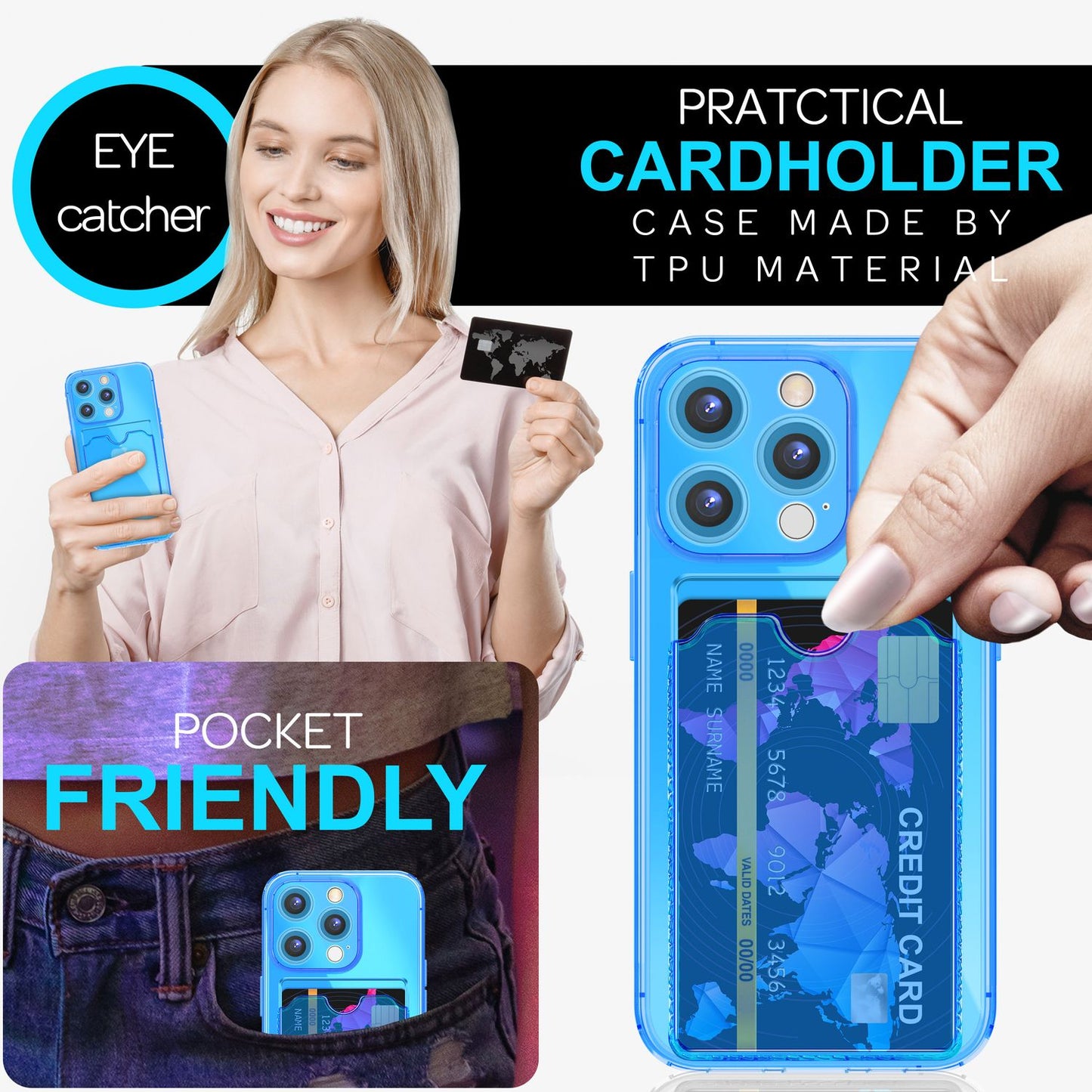 NALIA Glært Neon hulstur með kortahólfi fyrir iPhone 16 Pro Max, litríkt símahulstur með kortarauf, gegnsætt