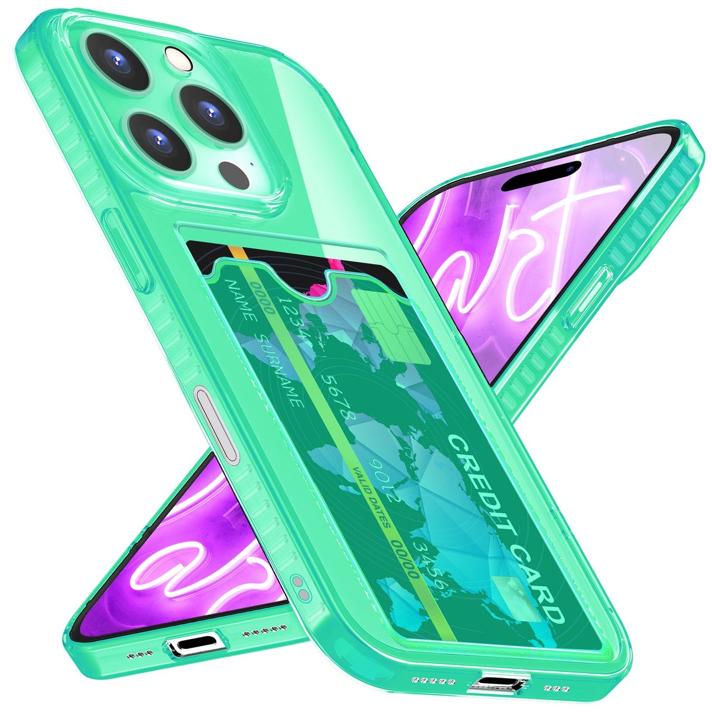 NALIA Glært Neon hulstur með kortahólfi fyrir iPhone 16 Pro Max, litríkt símahulstur með kortarauf, gegnsætt