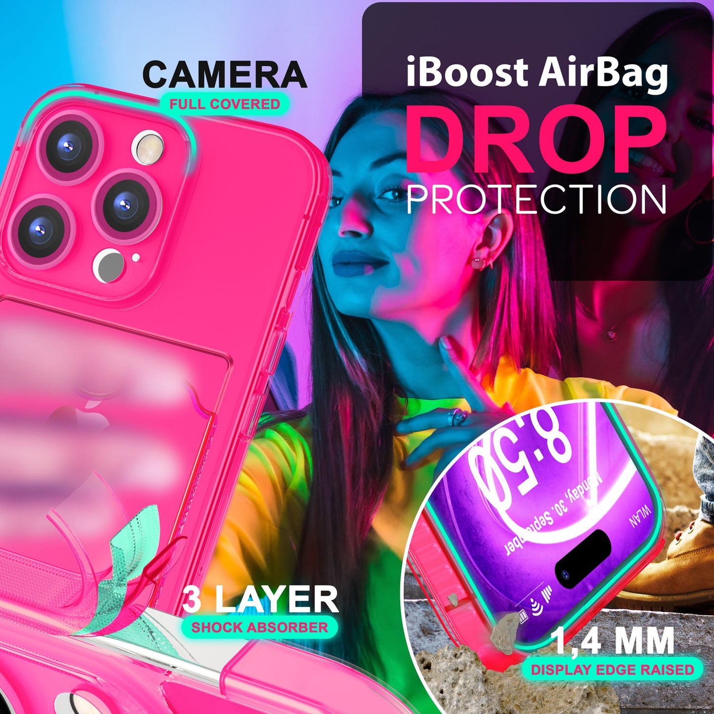 NALIA Glært Neon hulstur með kortahólfi fyrir iPhone 16 Pro Max, litríkt símahulstur með kortarauf, gegnsætt