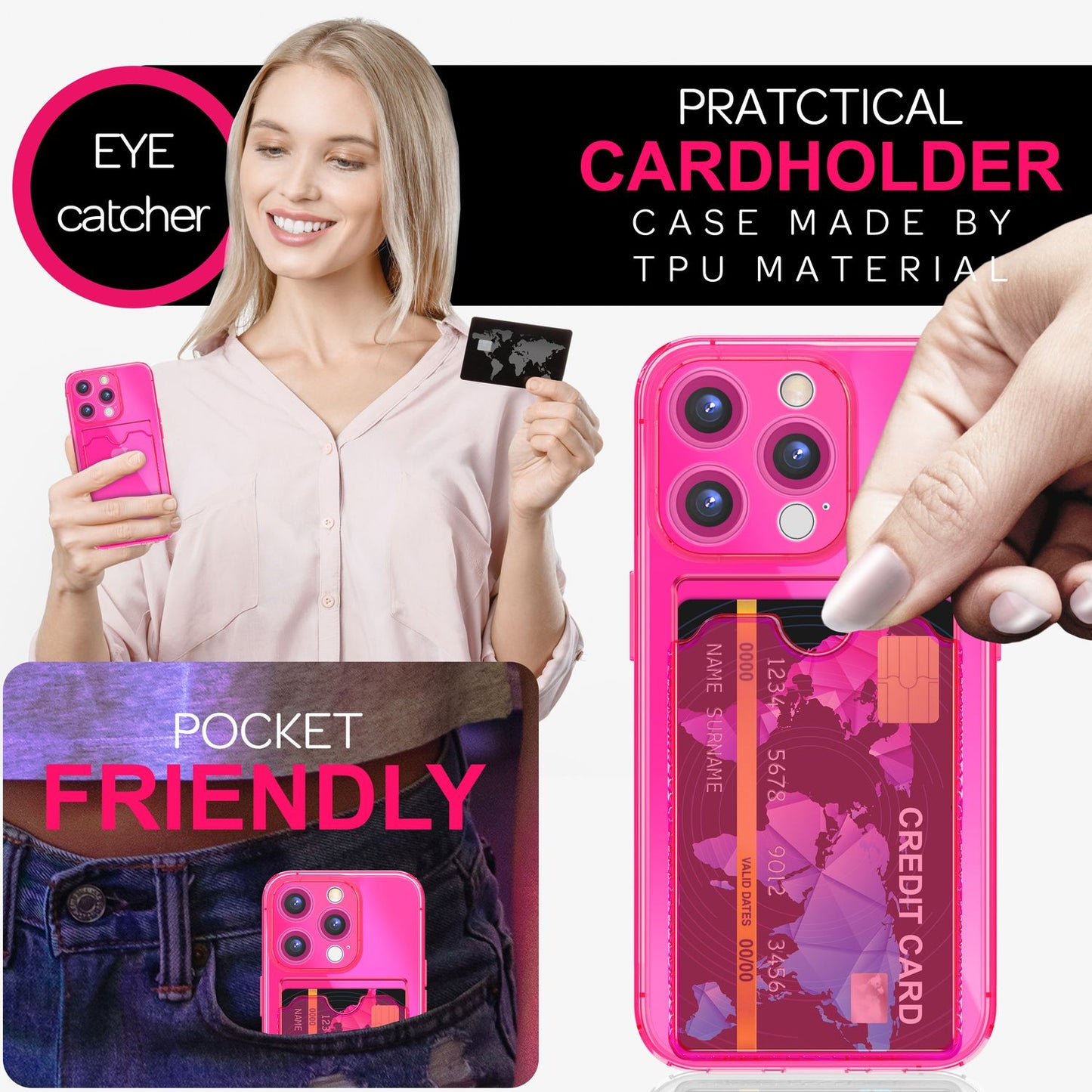 NALIA Glært Neon hulstur með kortahólfi fyrir iPhone 16 Pro Max, litríkt símahulstur með kortarauf, gegnsætt