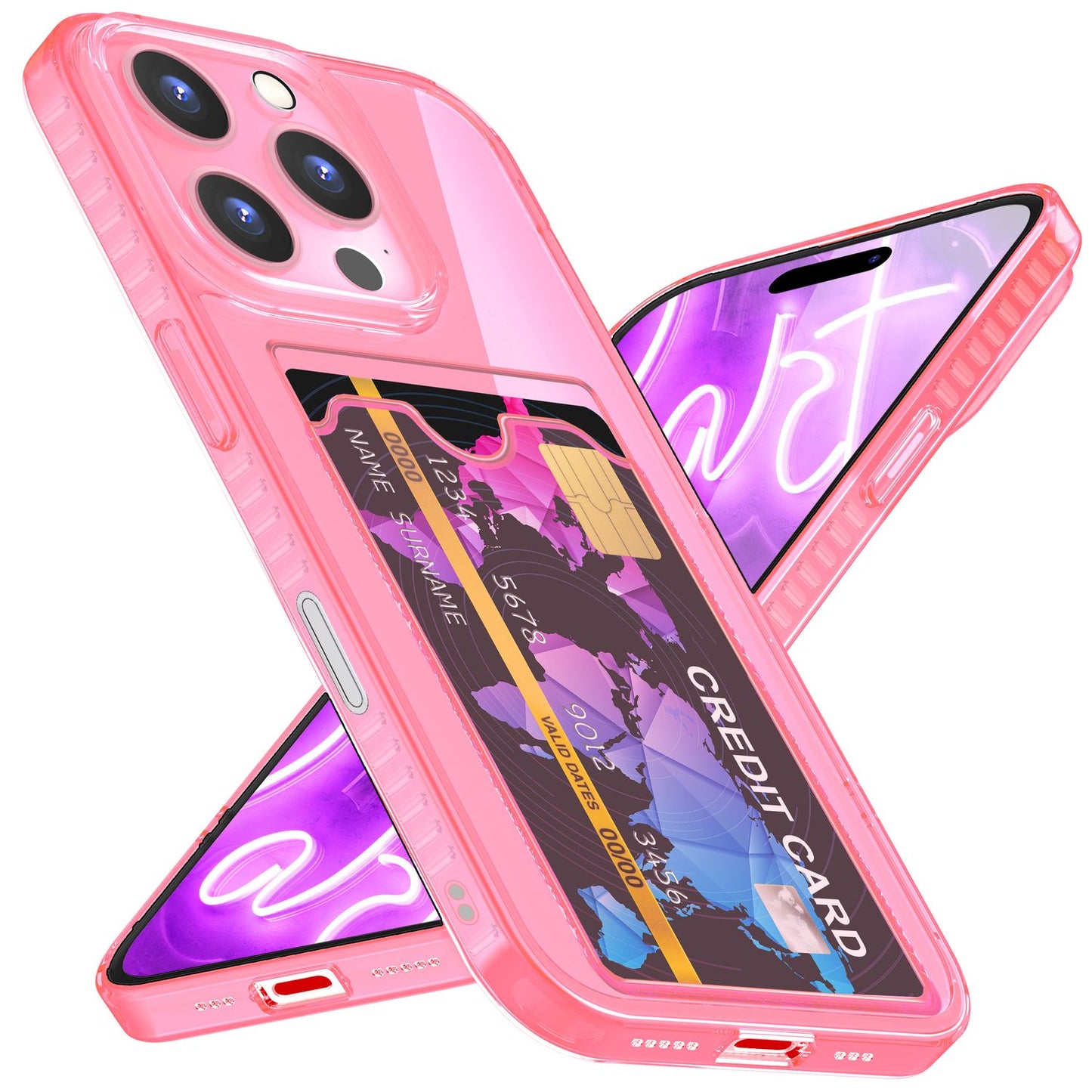 NALIA Glært Neon hulstur með kortahólfi fyrir iPhone 16 Pro Max, litríkt símahulstur með kortarauf, gegnsætt