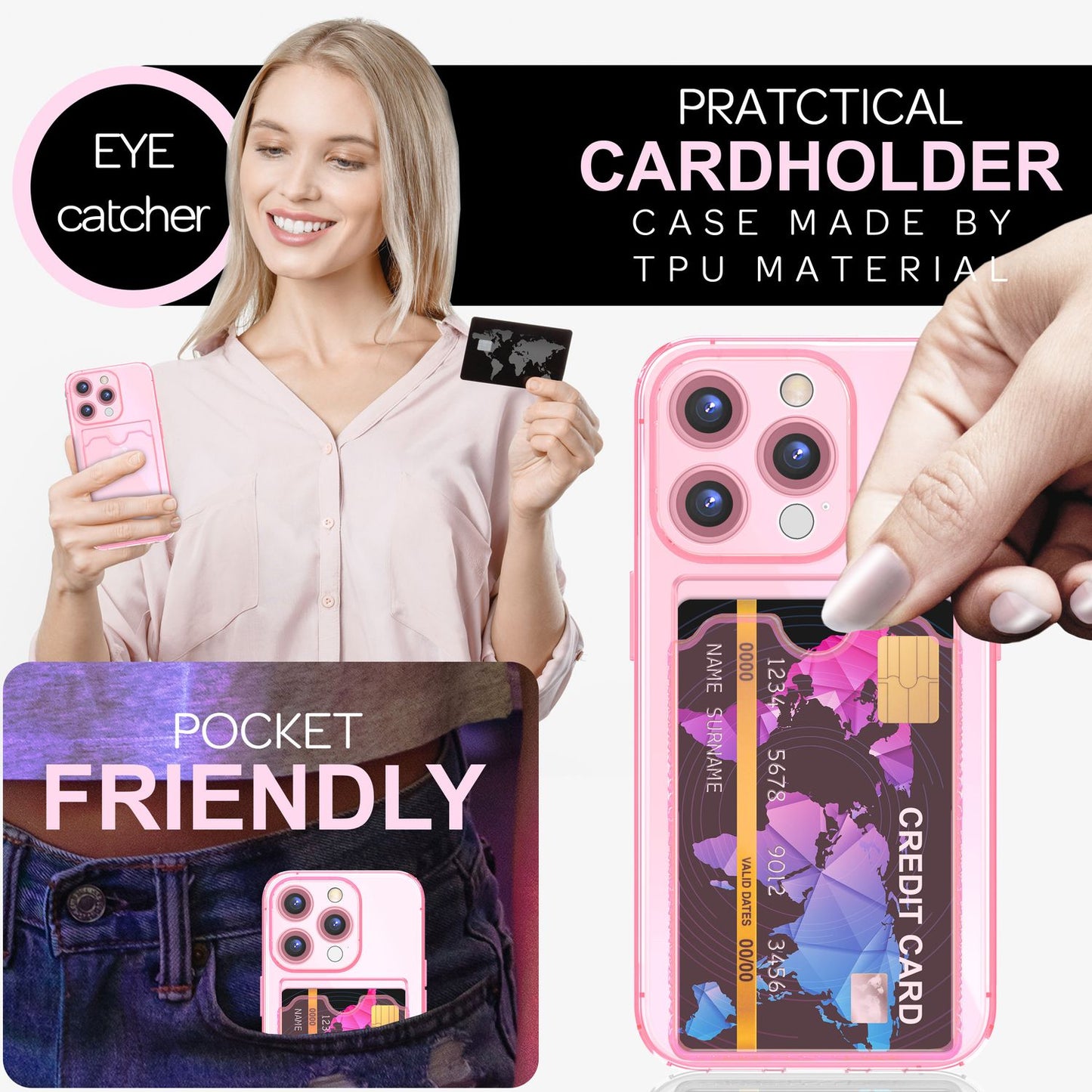 NALIA Glært Neon hulstur með kortahólfi fyrir iPhone 16 Pro Max, litríkt símahulstur með kortarauf, gegnsætt