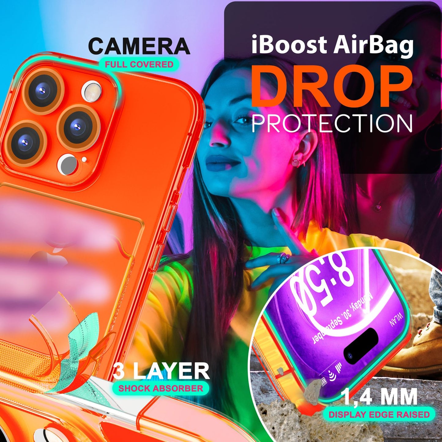 NALIA Glært Neon hulstur með kortahólfi fyrir iPhone 16 Pro Max, litríkt símahulstur með kortarauf, gegnsætt