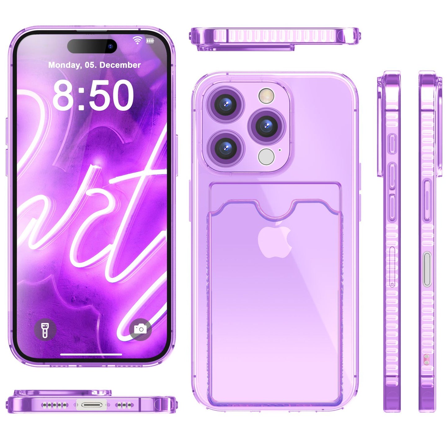 NALIA Glært Neon hulstur með kortahólfi fyrir iPhone 16 Pro Max, litríkt símahulstur með kortarauf, gegnsætt