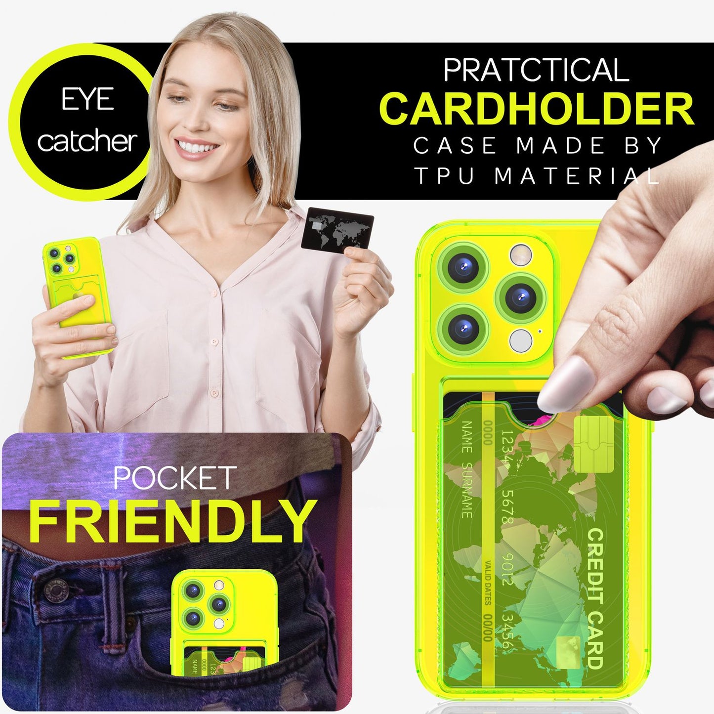 NALIA Glært Neon hulstur með kortahólfi fyrir iPhone 16 Pro Max, litríkt símahulstur með kortarauf, gegnsætt