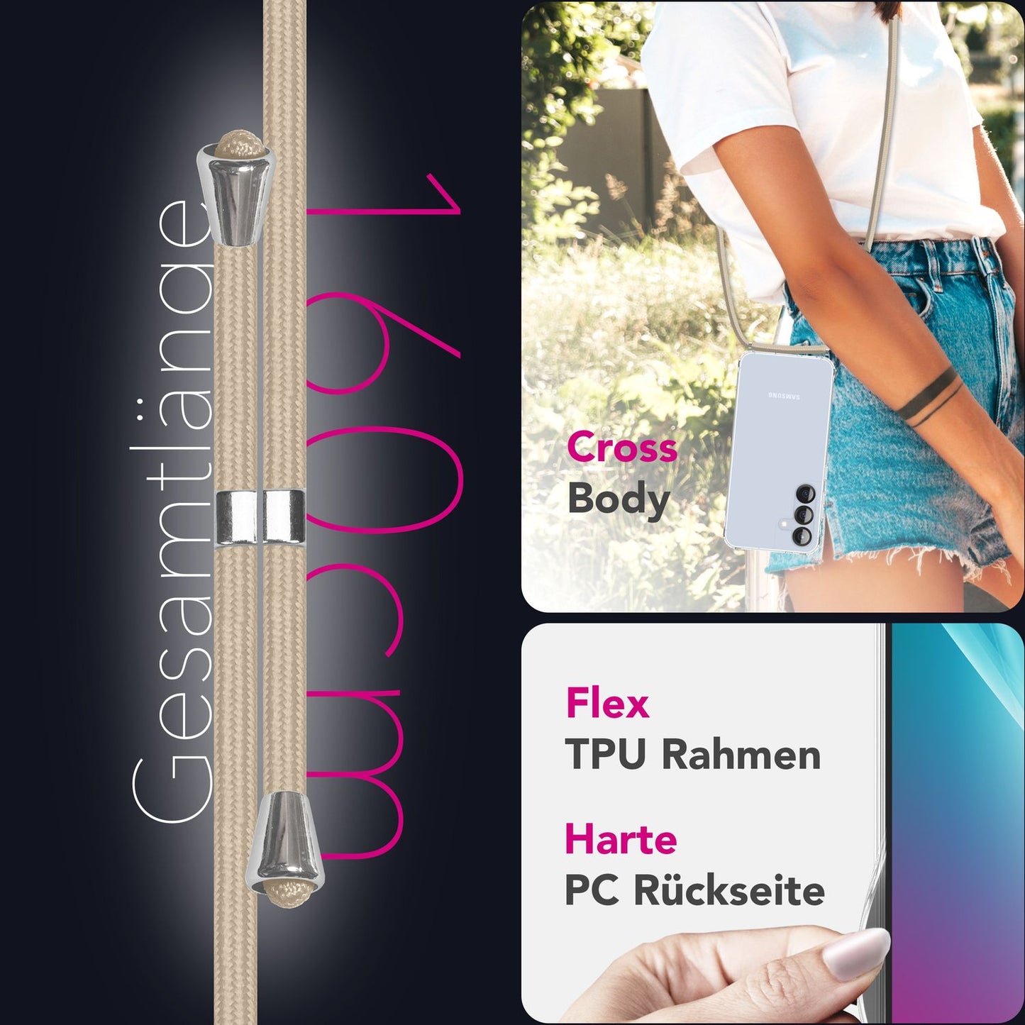 NALIA Hangit hulstur fyrir Samsung Galaxy S25 Plus, gegnsætt axlarhulstur með stillanlegri símaól, hart axlarhulstur, gegnsætt símahulstur með ól