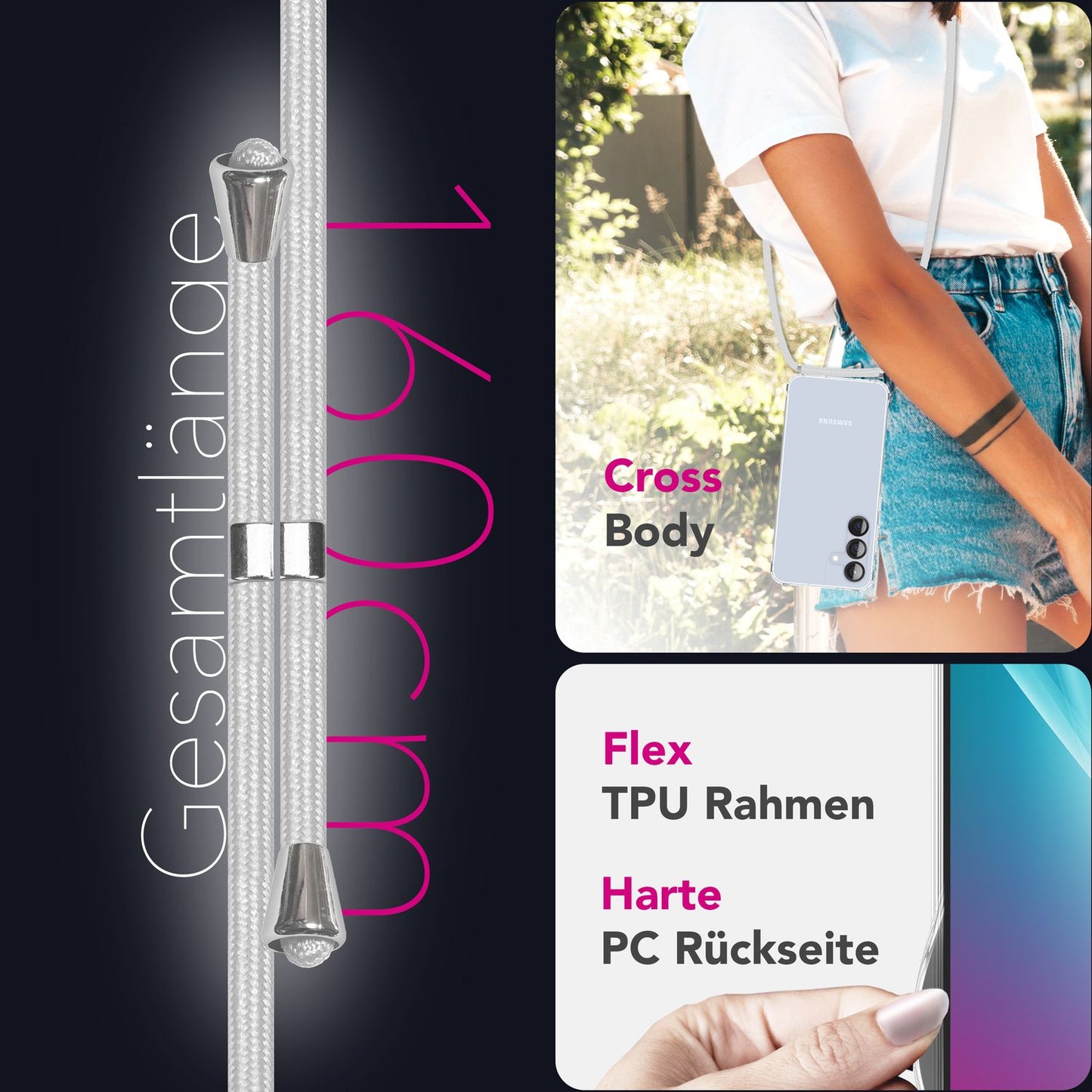 NALIA Hangit hulstur fyrir Samsung Galaxy S25 Plus, gegnsætt axlarhulstur með stillanlegri símaól, hart axlarhulstur, gegnsætt símahulstur með ól