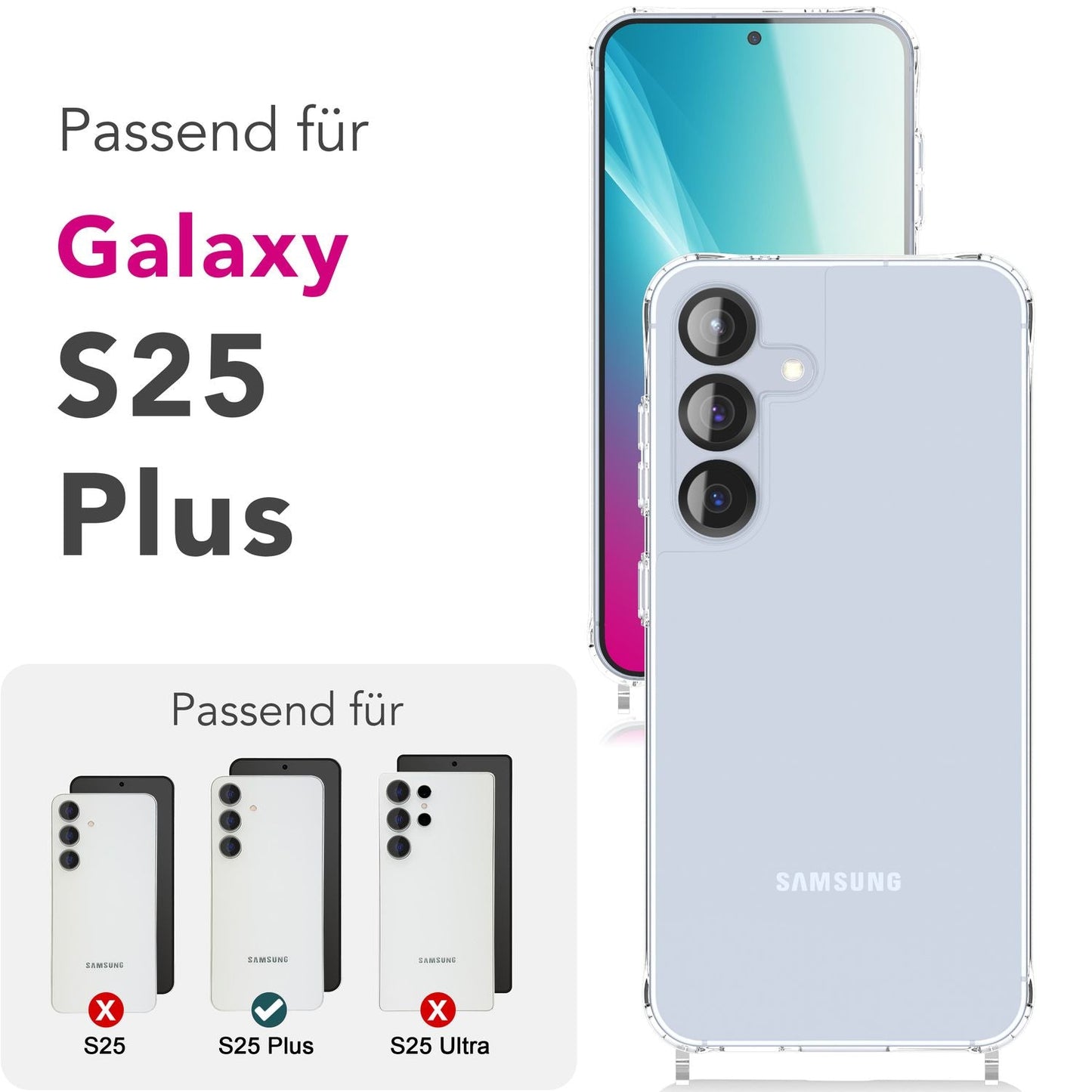 NALIA Hangit hulstur fyrir Samsung Galaxy S25 Plus, gegnsætt axlarhulstur með stillanlegri símaól, hart axlarhulstur, gegnsætt símahulstur með ól