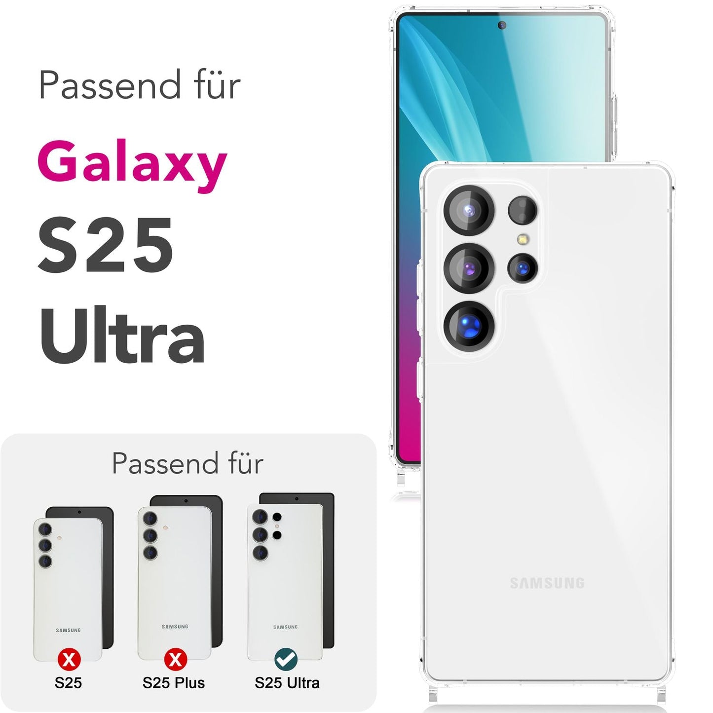 NALIA Hangit hulstur fyrir Samsung Galaxy S25 Ultra, stillanlegt axlarhulstur með ól, gegnsætt verndarhulstur með símakeðju, styrkt ól