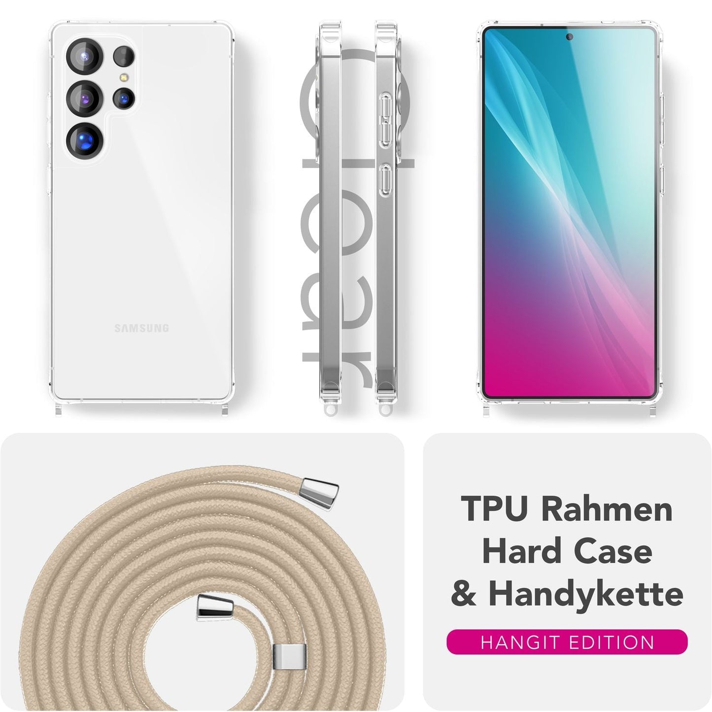 NALIA Hangit hulstur fyrir Samsung Galaxy S25 Ultra, stillanlegt axlarhulstur með ól, gegnsætt verndarhulstur með símakeðju, styrkt ól