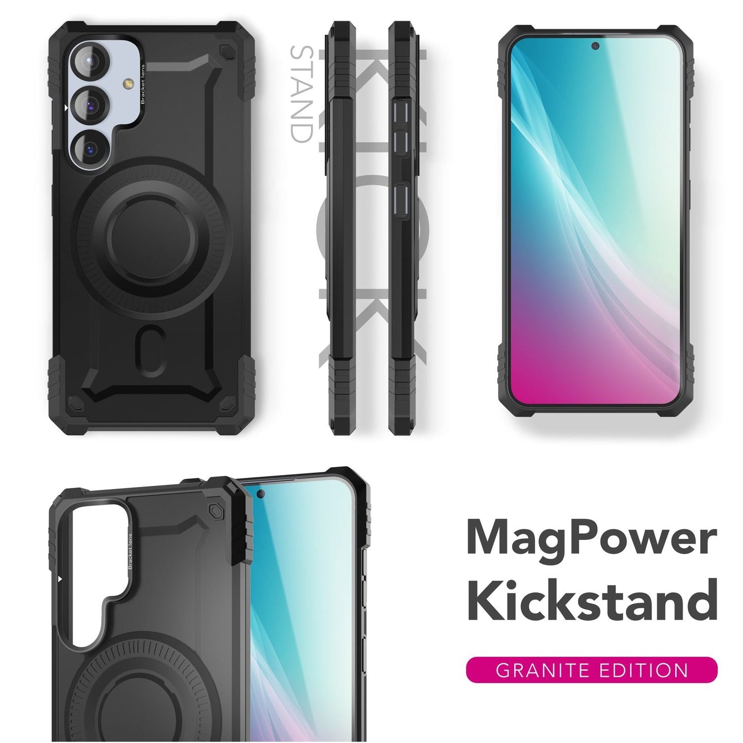 NALIA Granite hulstur fyrir Samsung Galaxy S25 með MagSafe, brynvarið hulstur, afar sterkt, höggþolið símahulstur með hernaðarvernd, segulhring og myndavélarstandi.