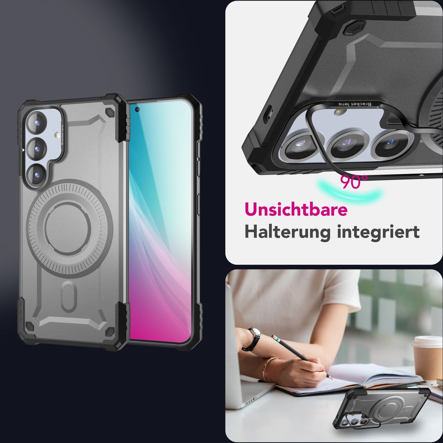 NALIA Granite hulstur fyrir Samsung Galaxy S25 með MagSafe, brynvarið hulstur, afar sterkt, höggþolið símahulstur með hernaðarvernd, segulhring og myndavélarstandi.