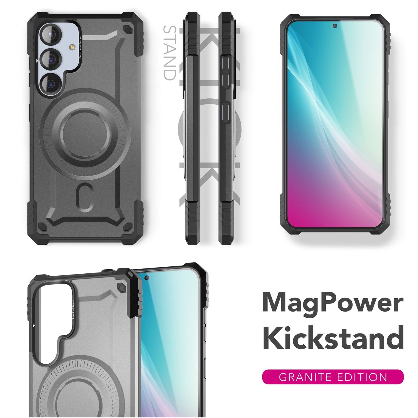 NALIA Granite hulstur fyrir Samsung Galaxy S25 með MagSafe, brynvarið hulstur, afar sterkt, höggþolið símahulstur með hernaðarvernd, segulhring og myndavélarstandi.