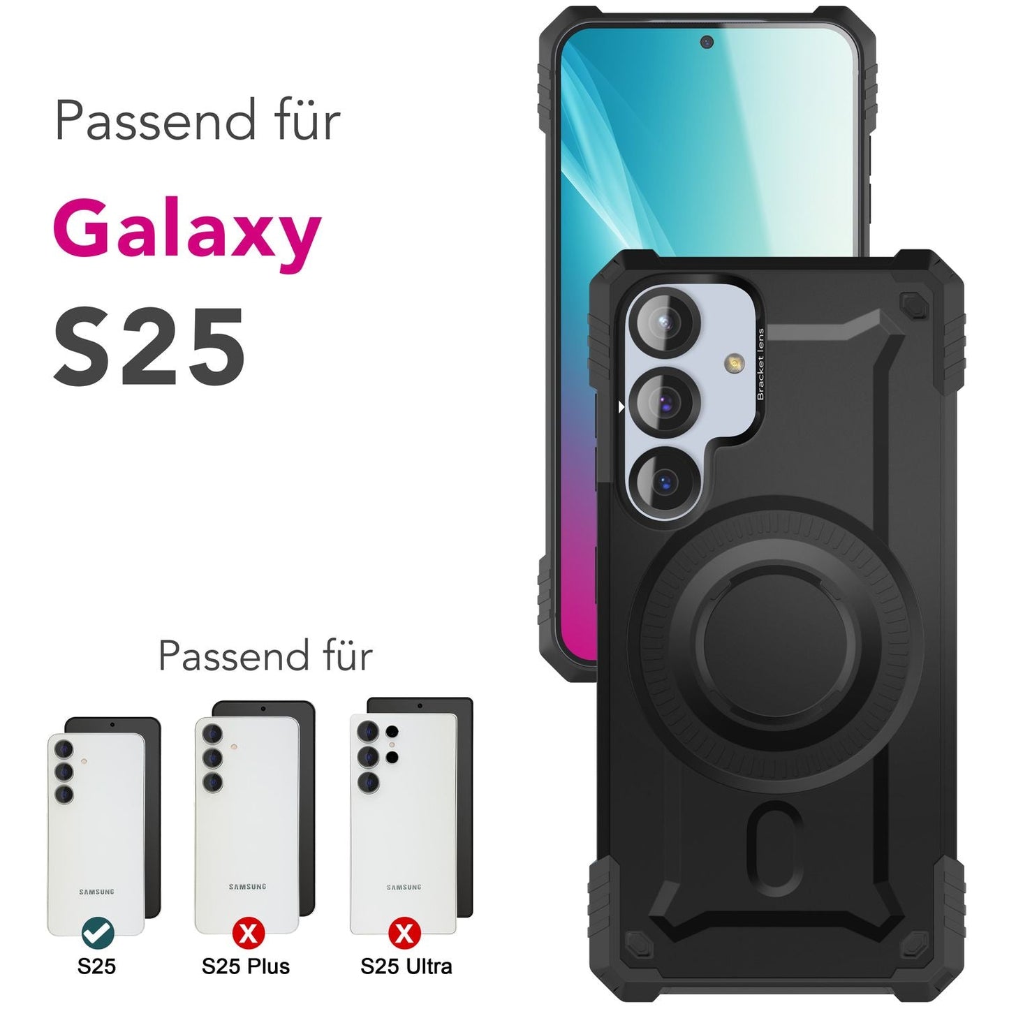 NALIA Granite hulstur fyrir Samsung Galaxy S25 með MagSafe, brynvarið hulstur, afar sterkt, höggþolið símahulstur með hernaðarvernd, segulhring og myndavélarstandi.