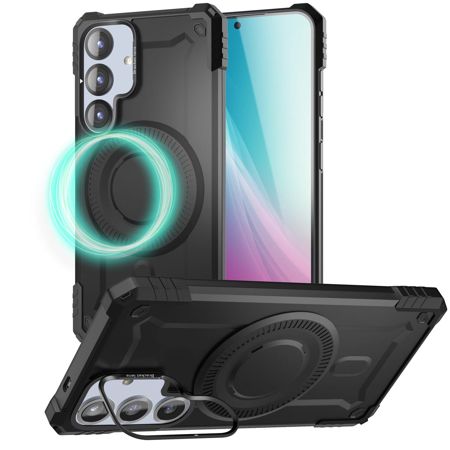 NALIA Granite hulstur fyrir Samsung Galaxy S25 Plus með MagSafe, Armor Heavy Duty, sterkt og höggþolið verndarhulstur í hernaðarstíl með myndavélarstandi og segulhring - Armor Titanium Black