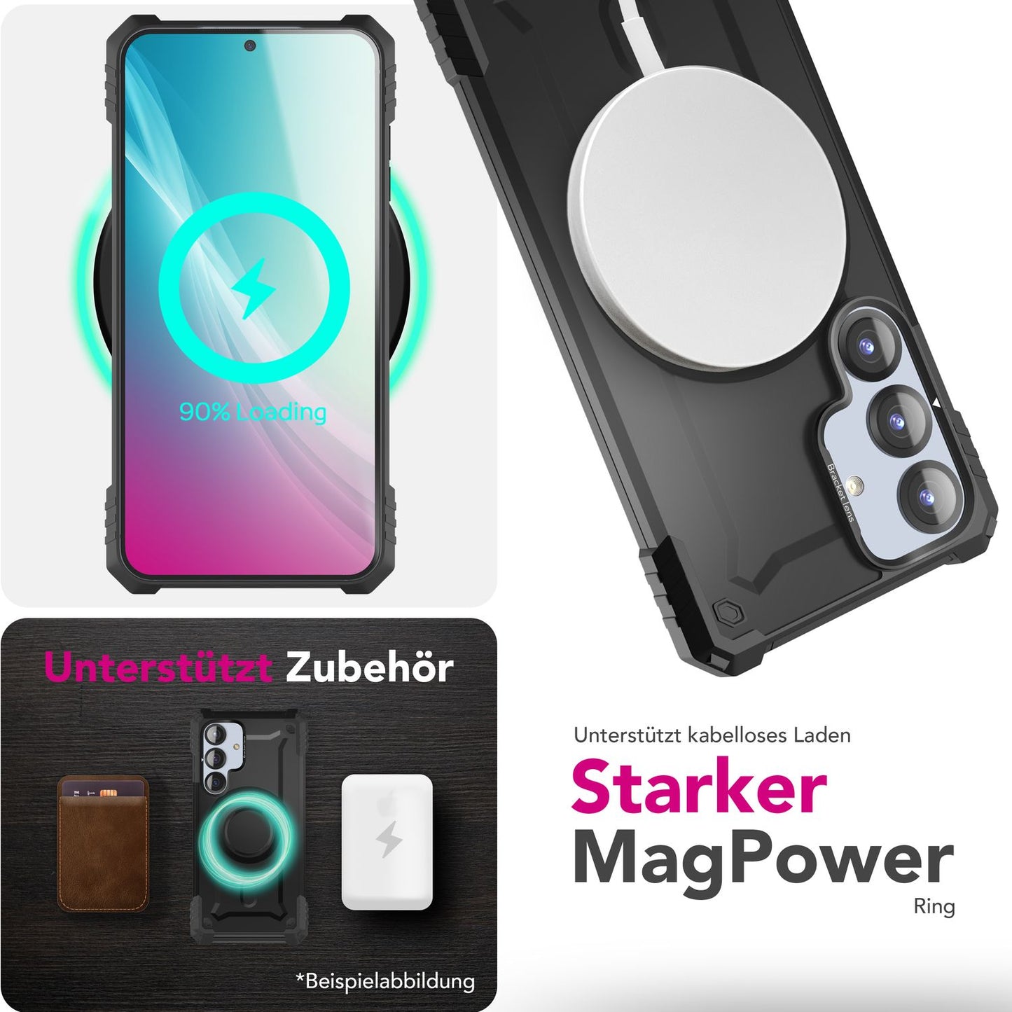 NALIA Granite hulstur fyrir Samsung Galaxy S25 Plus með MagSafe, Armor Heavy Duty, sterkt og höggþolið verndarhulstur í hernaðarstíl með myndavélarstandi og segulhring - Armor Titanium Black