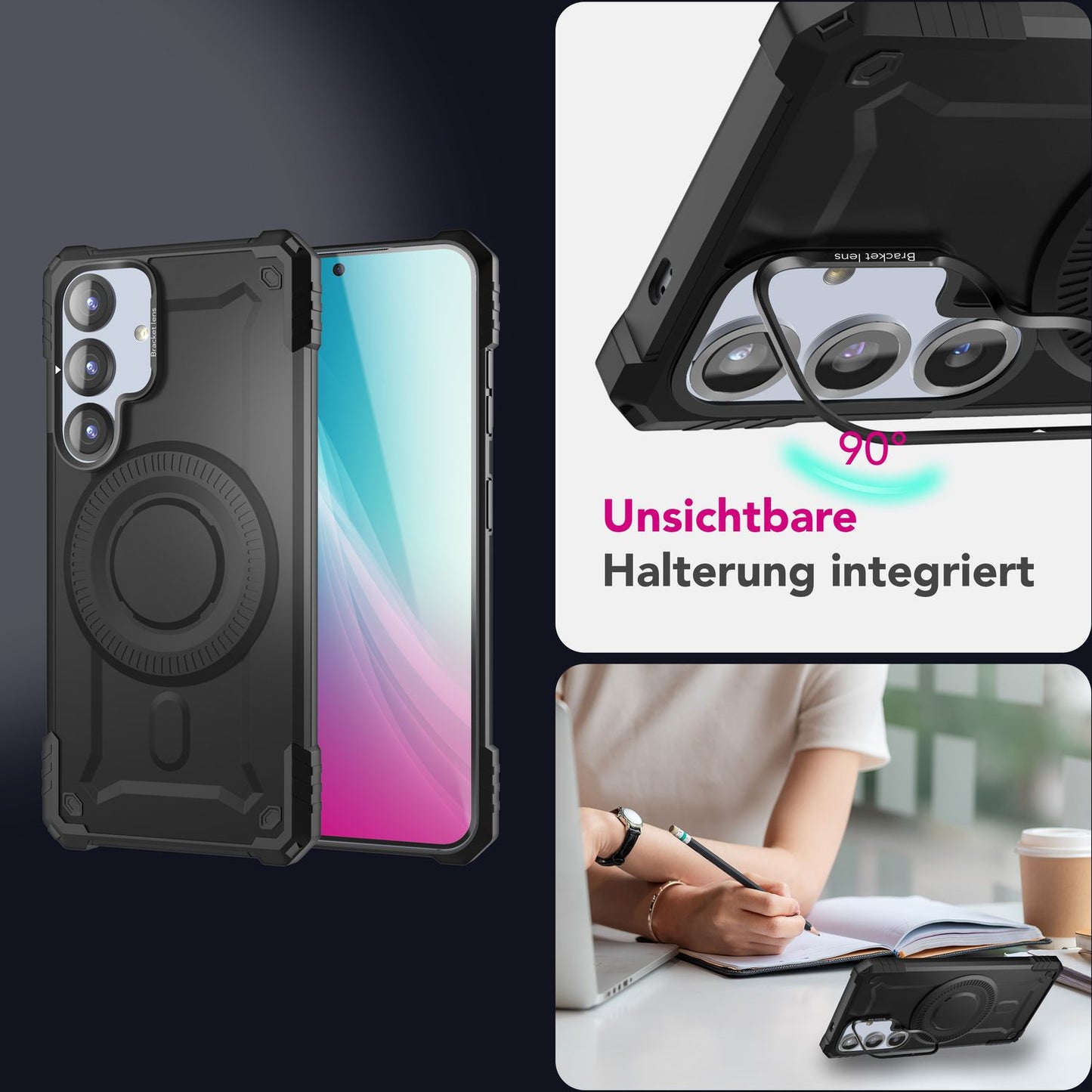 NALIA Granite hulstur fyrir Samsung Galaxy S25 Plus með MagSafe, Armor Heavy Duty, sterkt og höggþolið verndarhulstur í hernaðarstíl með myndavélarstandi og segulhring - Armor Titanium Black