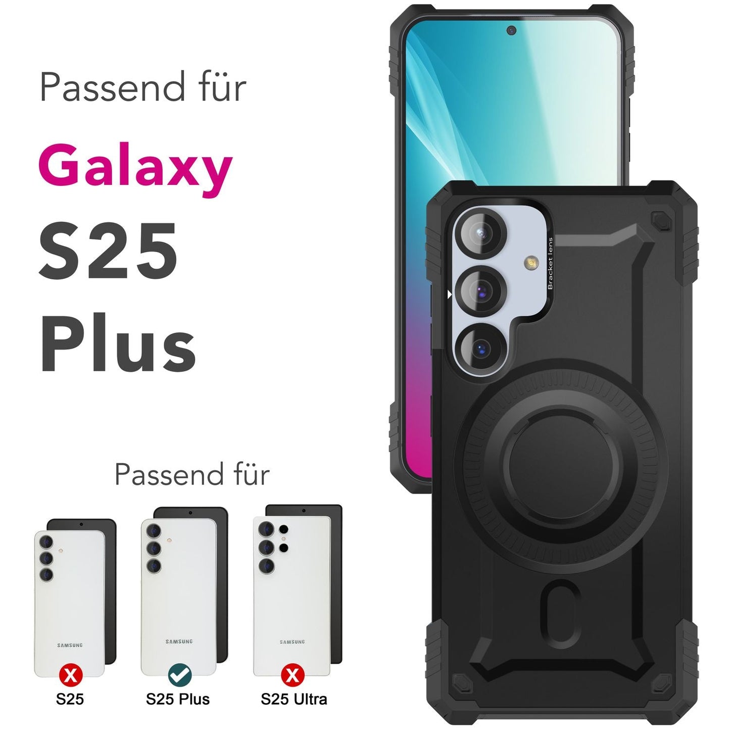 NALIA Granite hulstur fyrir Samsung Galaxy S25 Plus með MagSafe, Armor Heavy Duty, sterkt og höggþolið verndarhulstur í hernaðarstíl með myndavélarstandi og segulhring - Armor Titanium Black