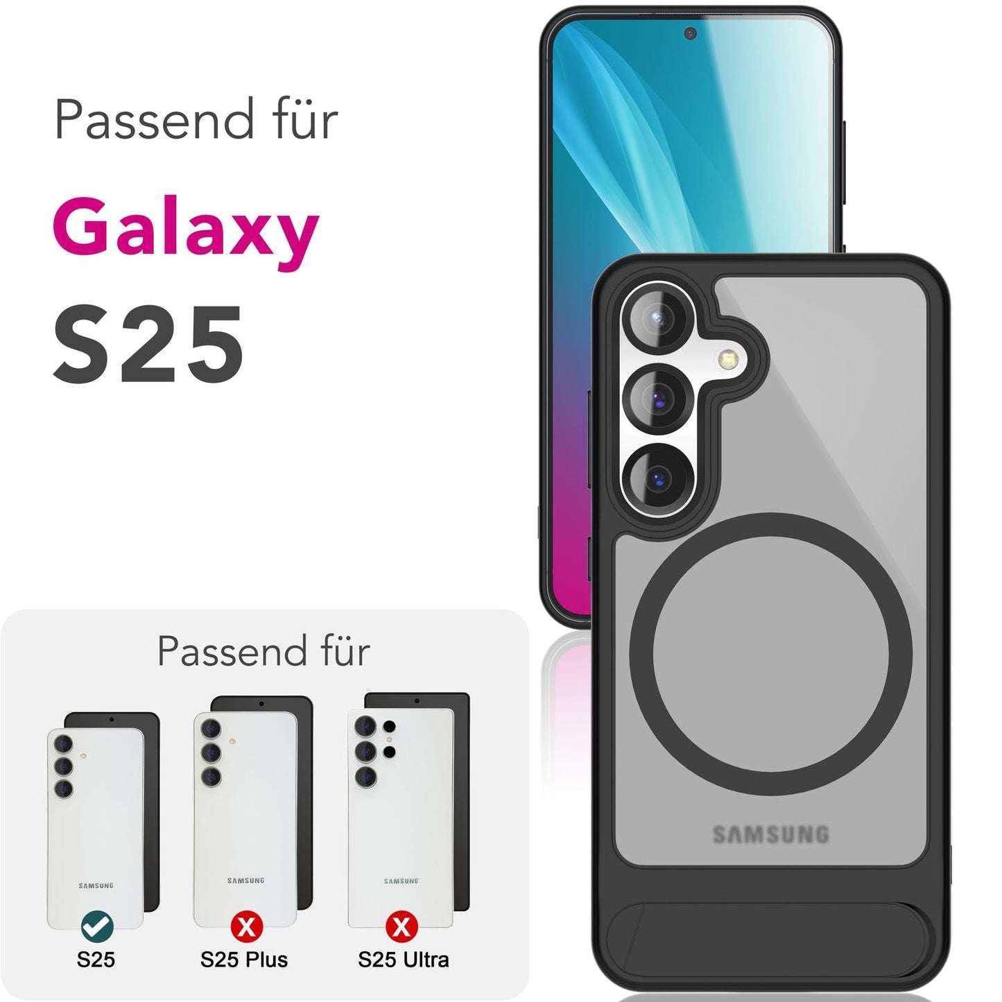 NALIA Triton hulstur fyrir Samsung Galaxy S25 með MagSafe, segulmagnað hulstur með smellustandi, segulhleðsluhringur, hálfgagnsætt símahulstur með svörtum sílikonbrún