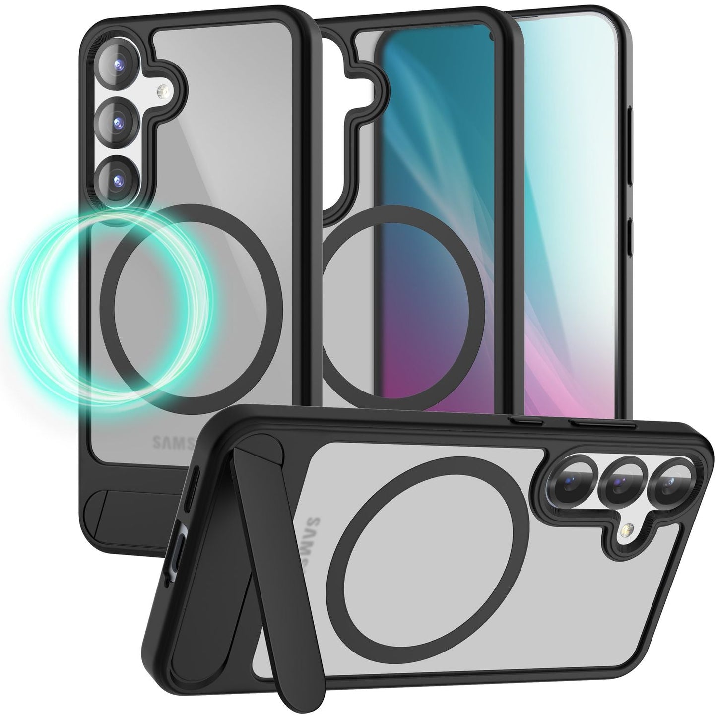 NALIA Triton hulstur fyrir Samsung Galaxy S25 Plus með MagSafe, segulmagnað hulstur með smellustandi, hringur fyrir segulhleðslu, hálfgagnsætt verndarhulstur með svörtum sílikonbrún.